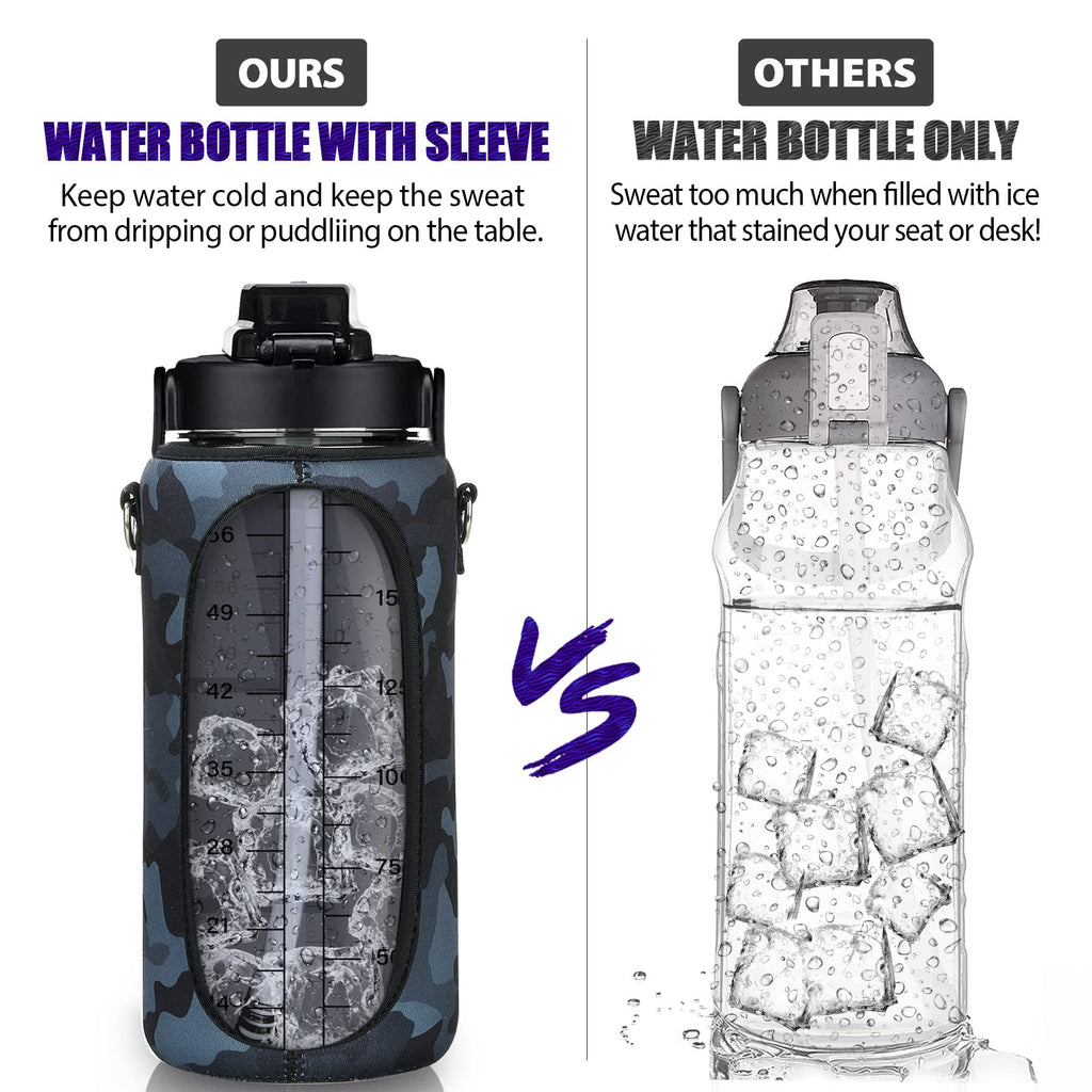 Half Gallon Water Bottle with Sleeve, 64OZ Motivational Water Bottle