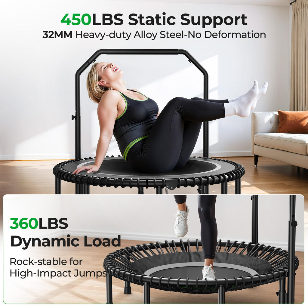 Mini Rebounder Trampoline for Adults with Bar, Fitness Trampoline with Bungees, Adjustable Handle