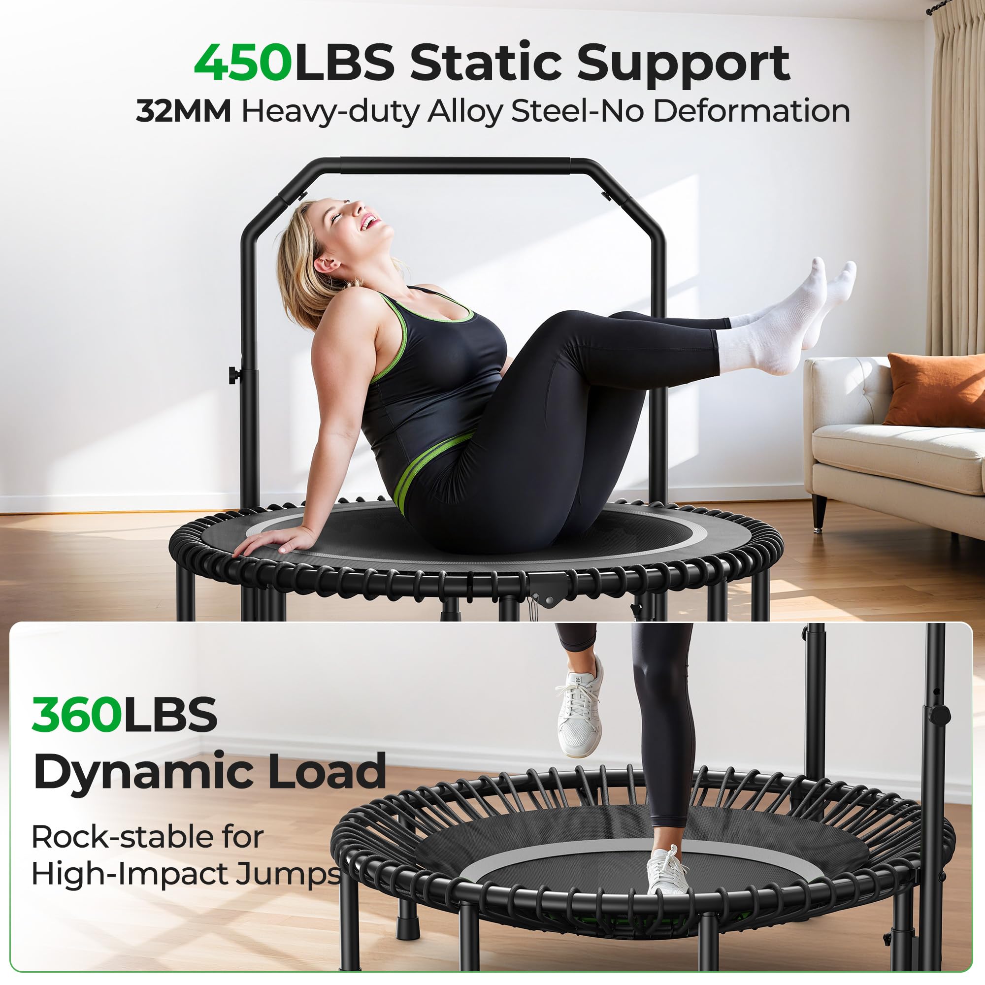 Mini Rebounder Trampoline for Adults with Bar, Fitness Trampoline with Bungees, Adjustable Handle