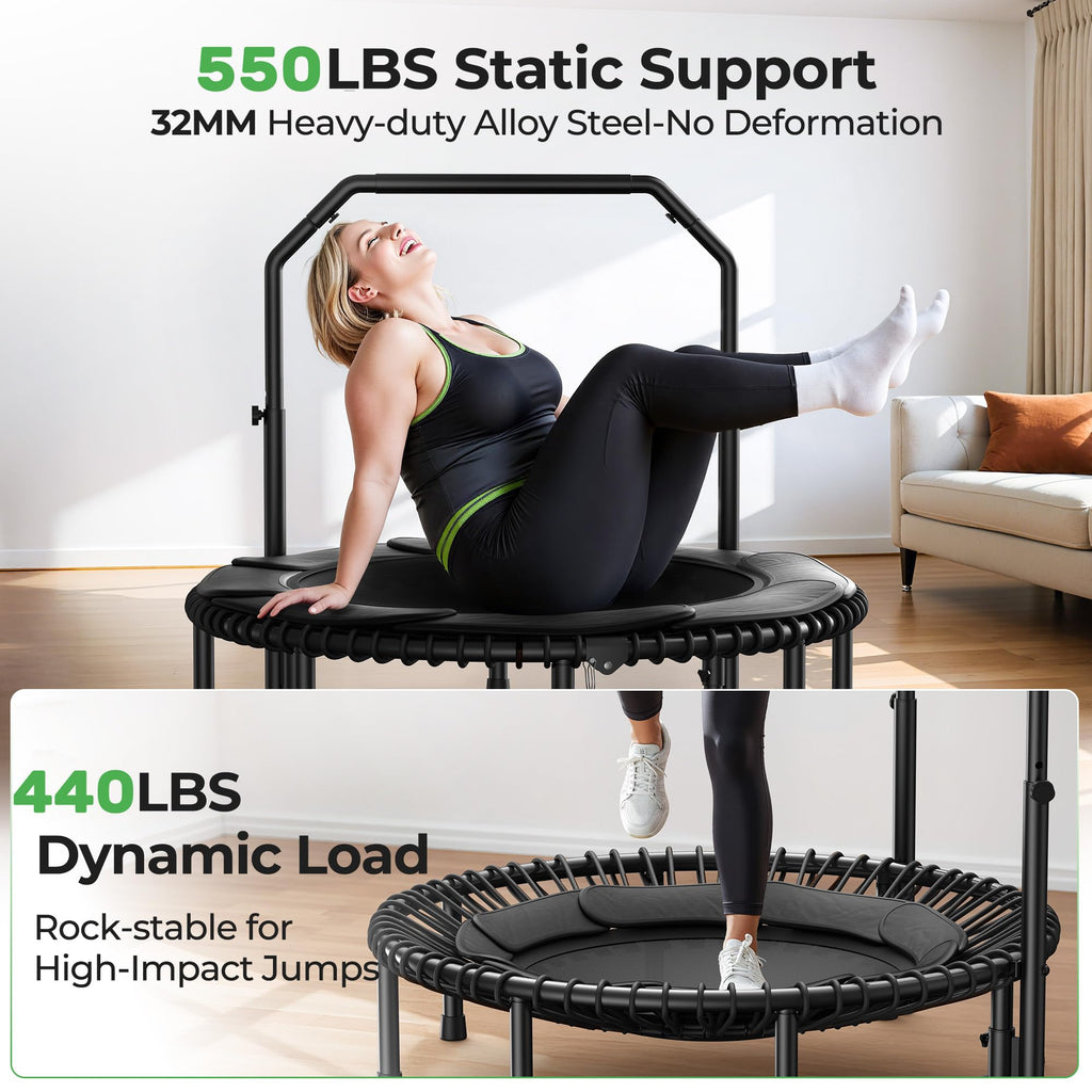 Mini Rebounder Trampoline for Adults with Bar, Fitness Trampoline with Bungees, Adjustable Handle