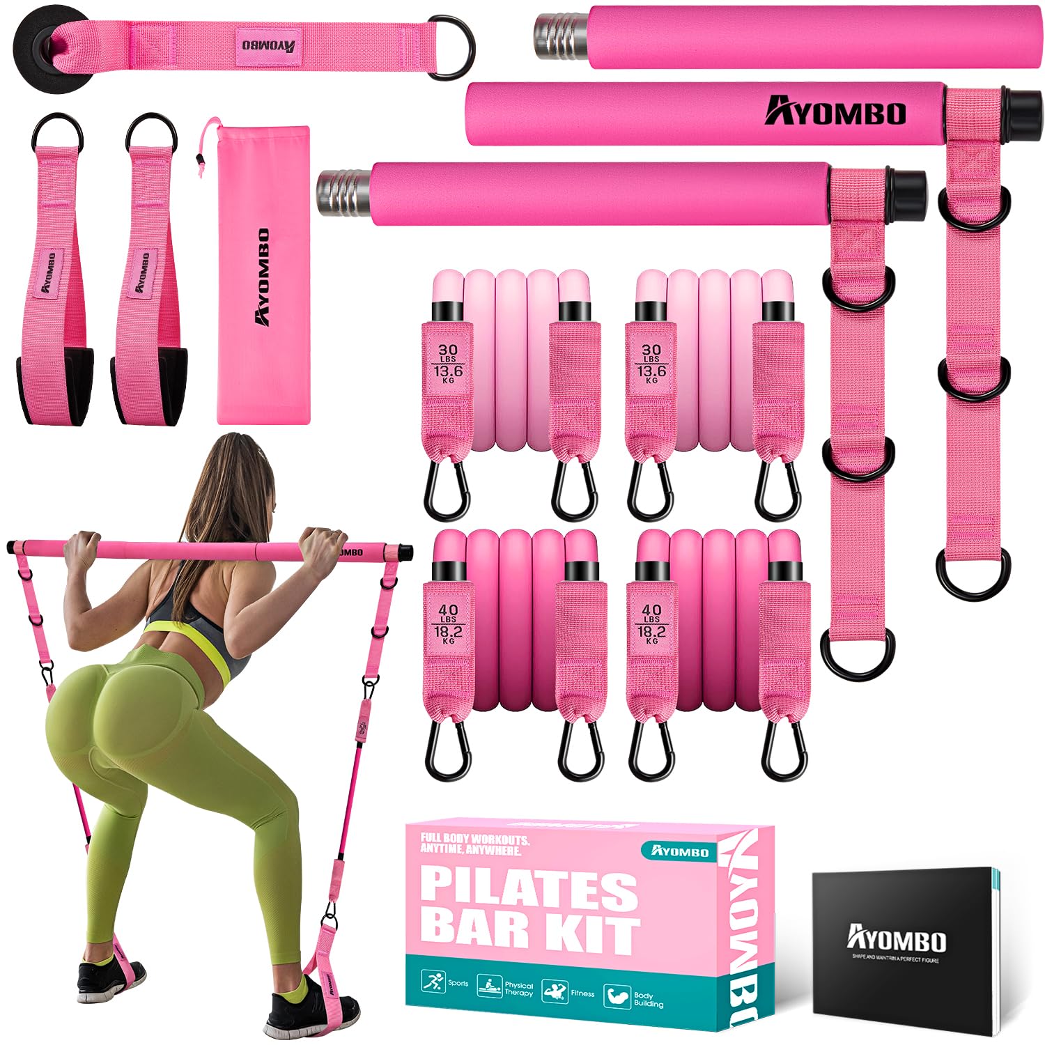 Pilates Bar Kit with Resistance Bands, Pilates Workout Equipment, Adjustable 3-Section Pilates Bar Kit for Women & Men
