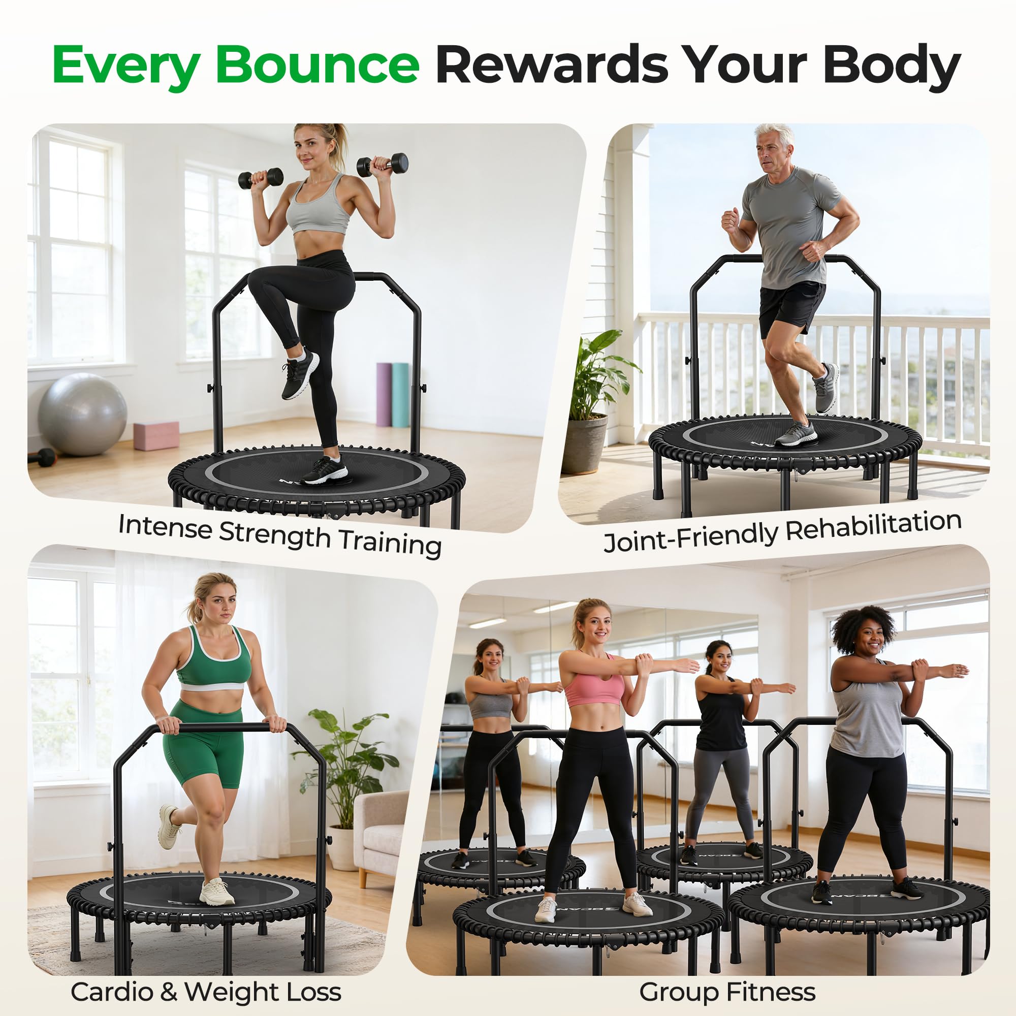 Mini Rebounder Trampoline for Adults with Bar, Fitness Trampoline with Bungees, Adjustable Handle