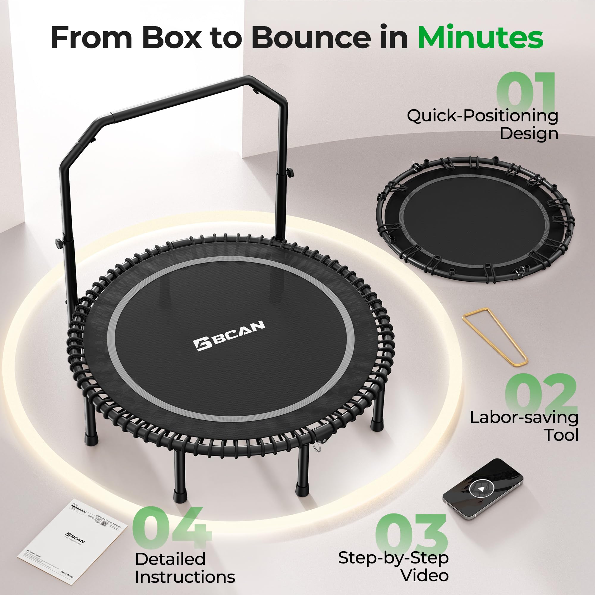 Mini Rebounder Trampoline for Adults with Bar, Fitness Trampoline with Bungees, Adjustable Handle