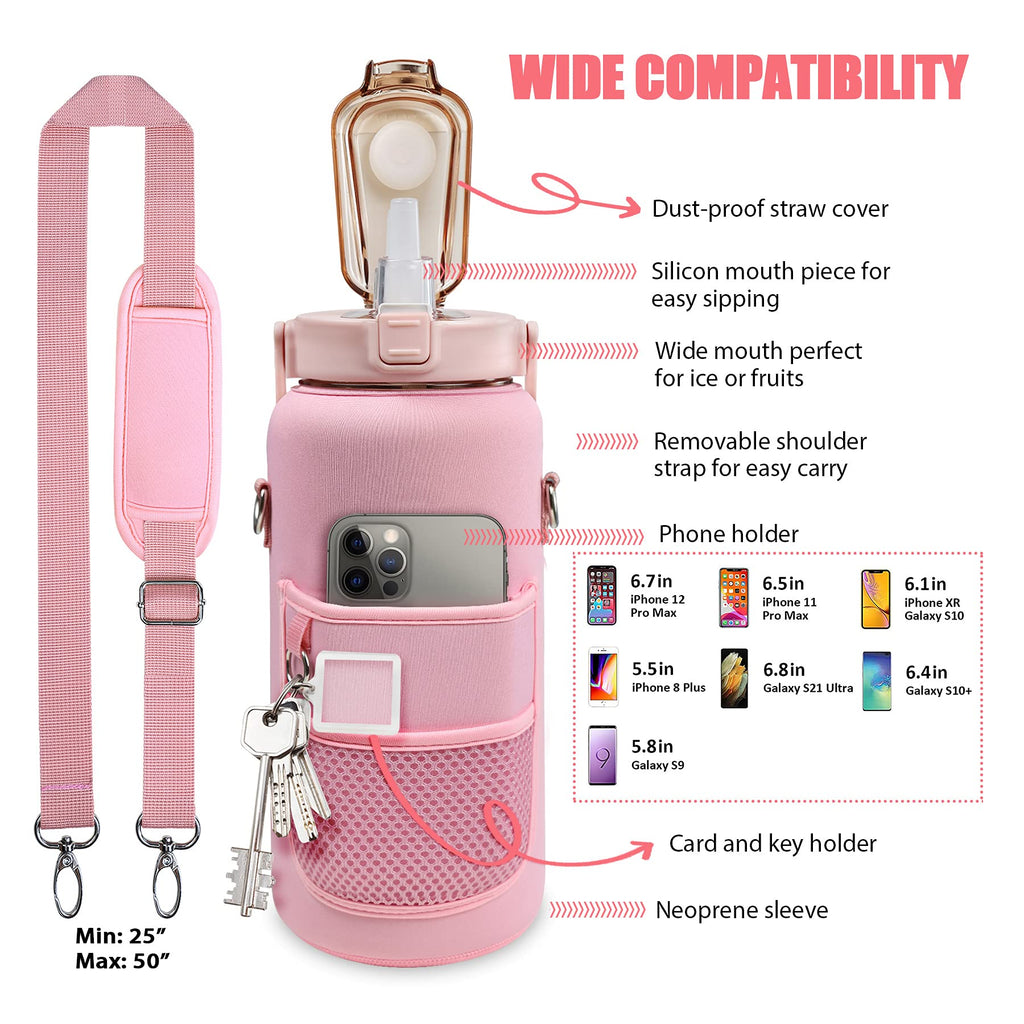Half Gallon Water Bottle with Sleeve, 64OZ Motivational Water Bottle