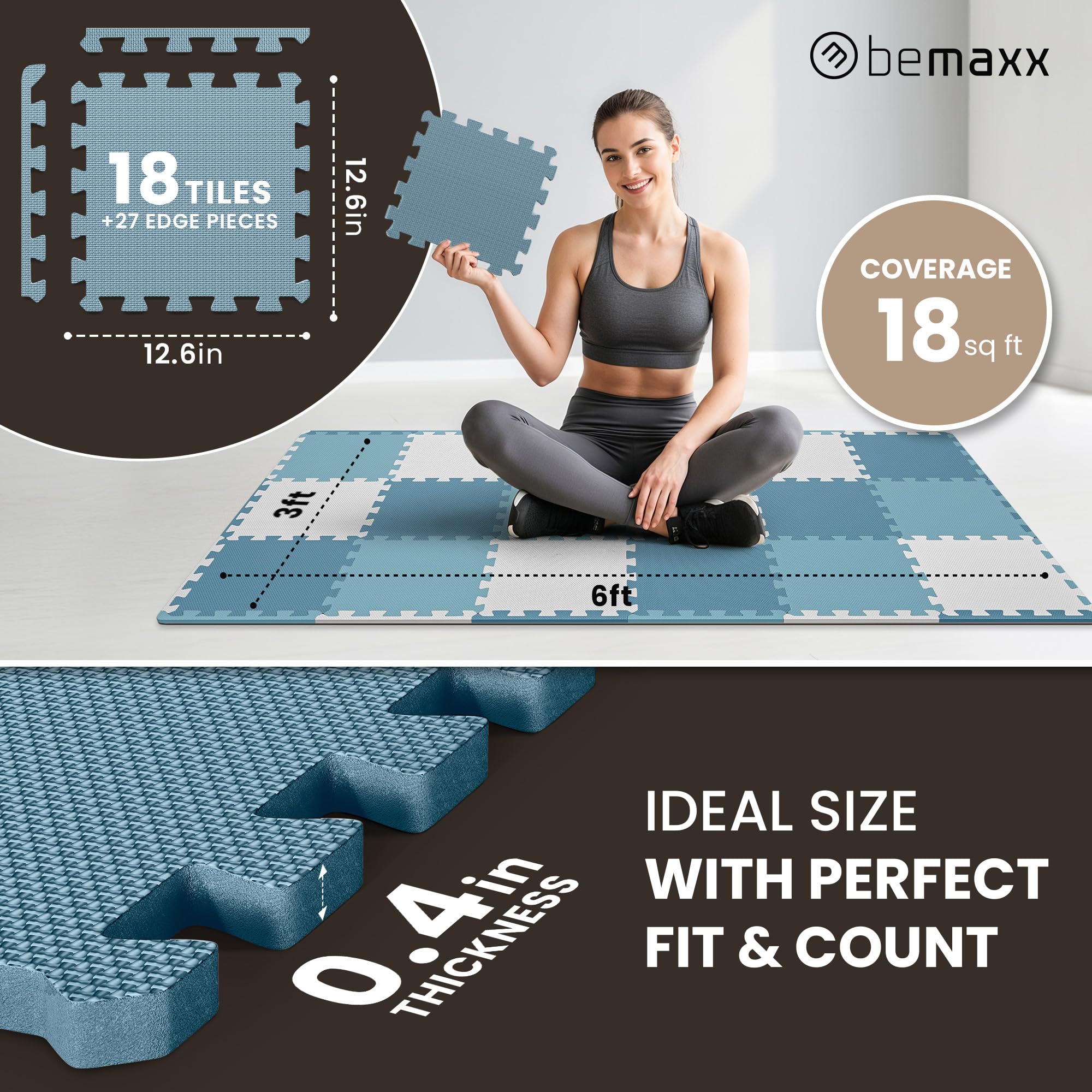 Gym Mats Set - 18 pcs EVA Interlocking Foam Floor Tiles  Protective Gym Flooring
