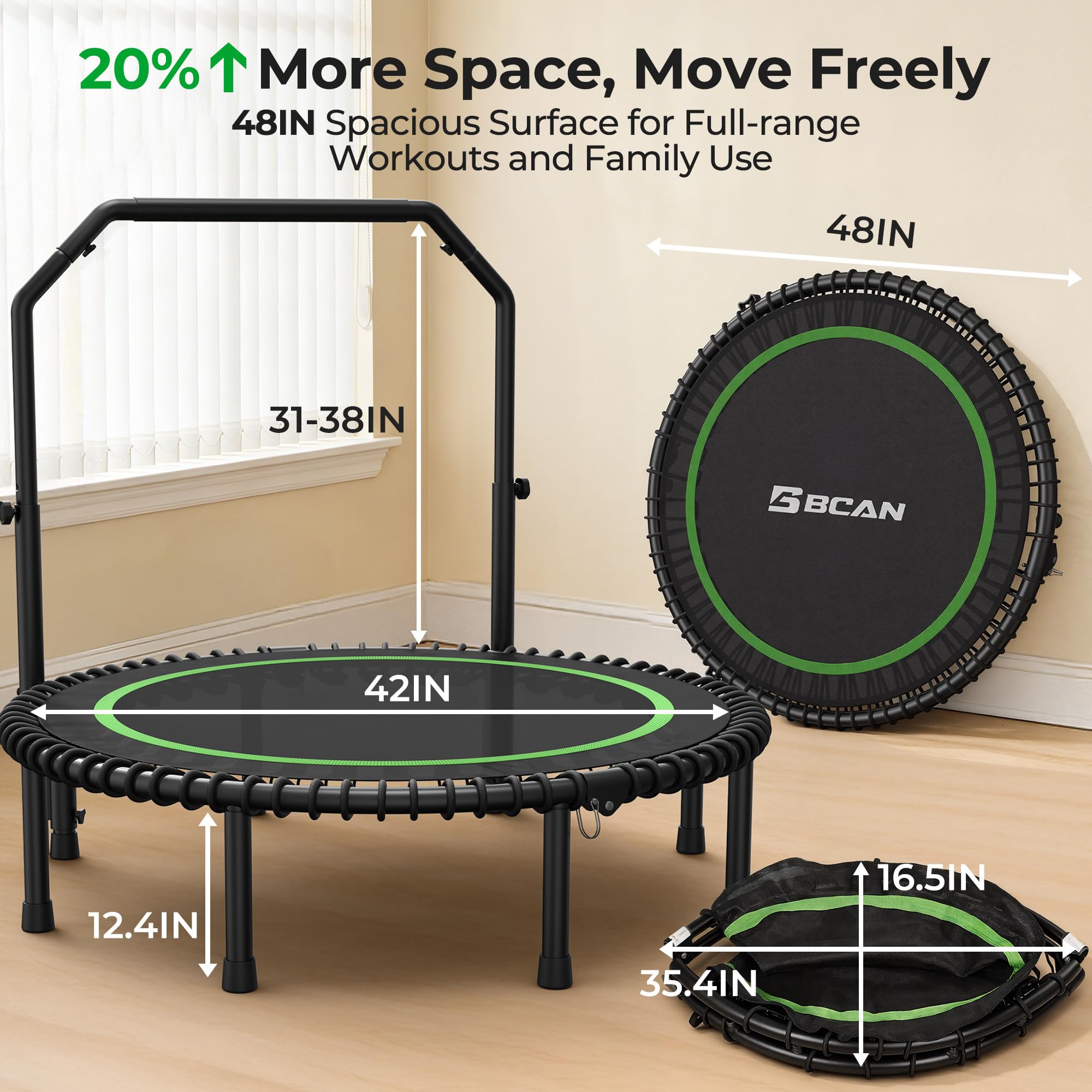 Mini Rebounder Trampoline for Adults with Bar, Fitness Trampoline with Bungees, Adjustable Handle