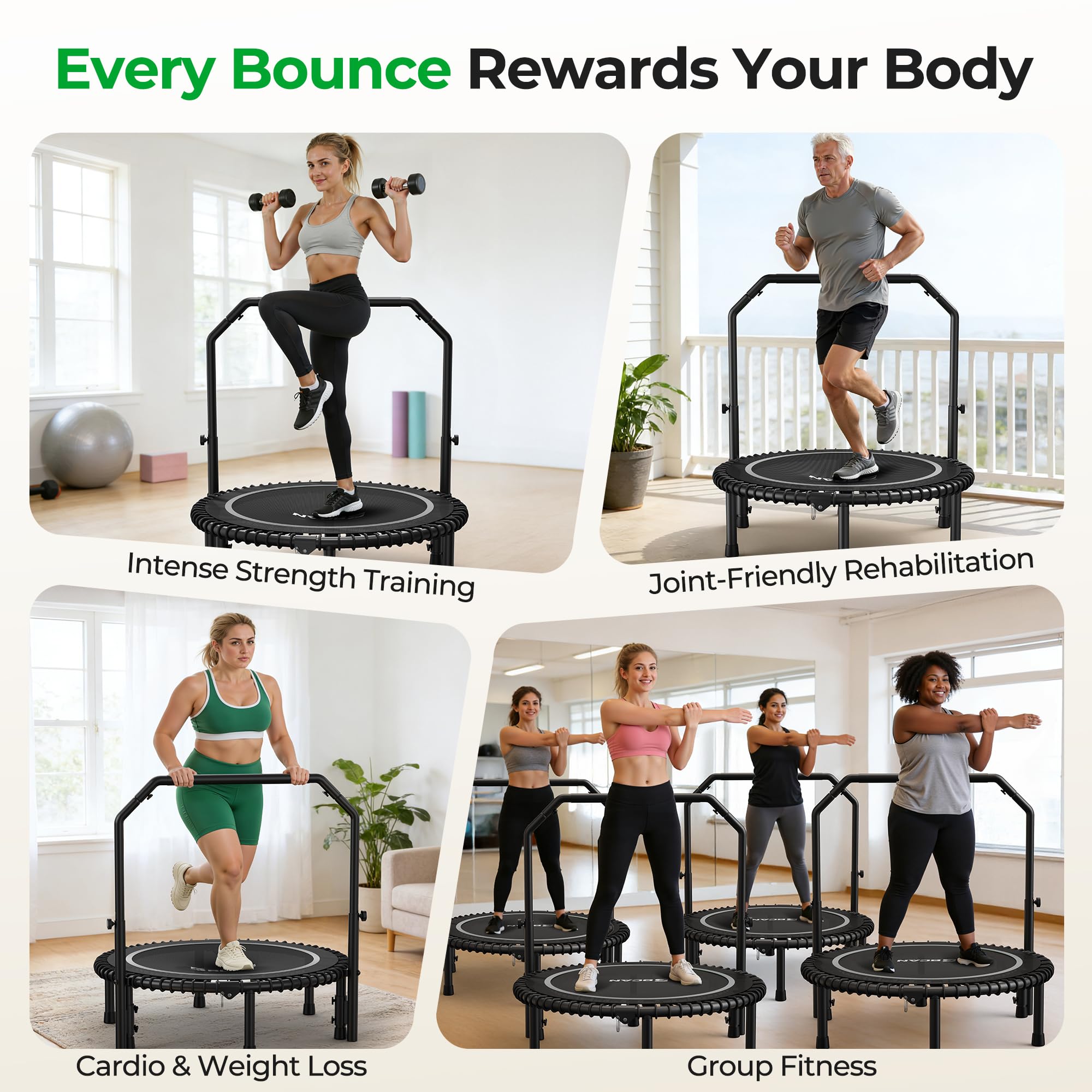Mini Rebounder Trampoline for Adults with Bar, Fitness Trampoline with Bungees, Adjustable Handle