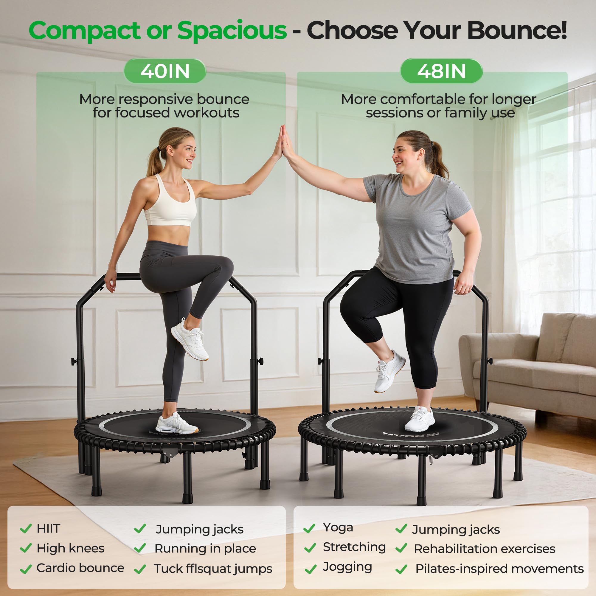 Mini Rebounder Trampoline for Adults with Bar, Fitness Trampoline with Bungees, Adjustable Handle