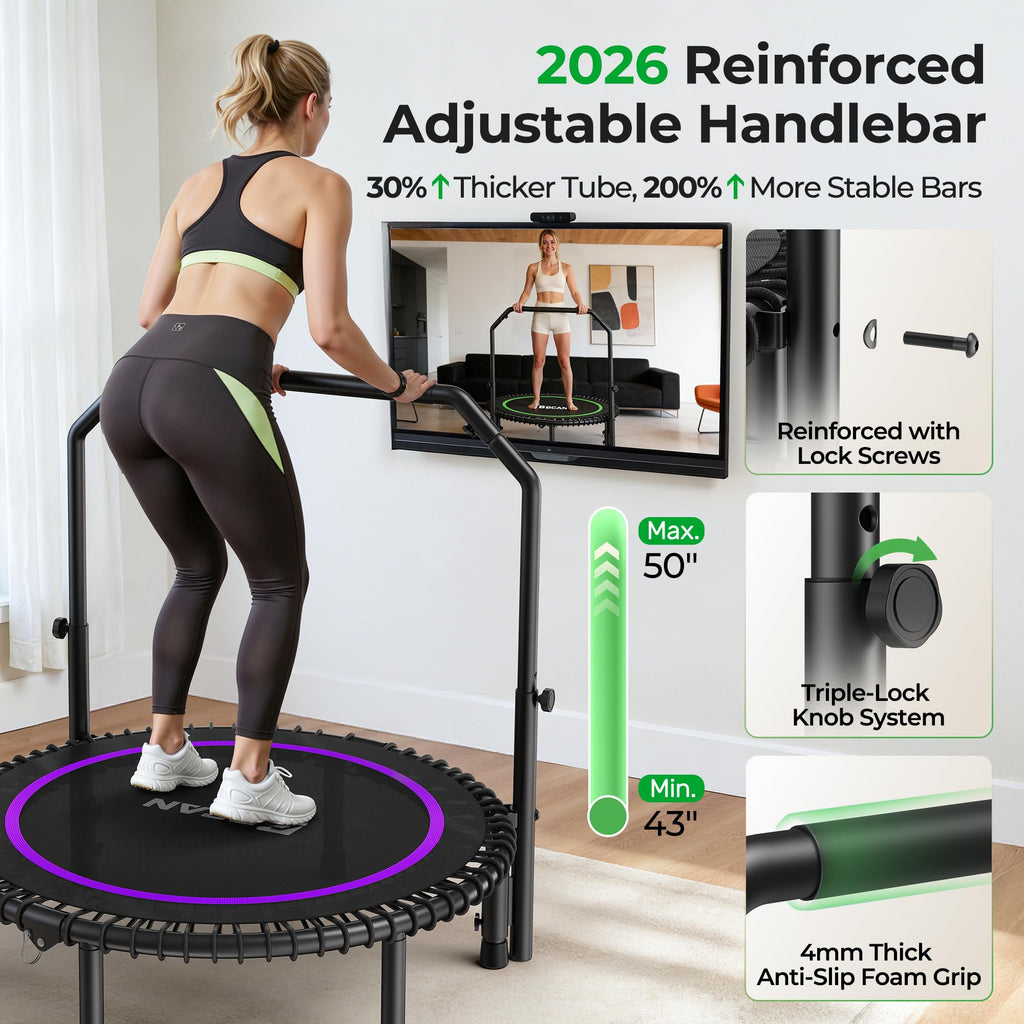 Mini Rebounder Trampoline for Adults with Bar, Fitness Trampoline with Bungees, Adjustable Handle