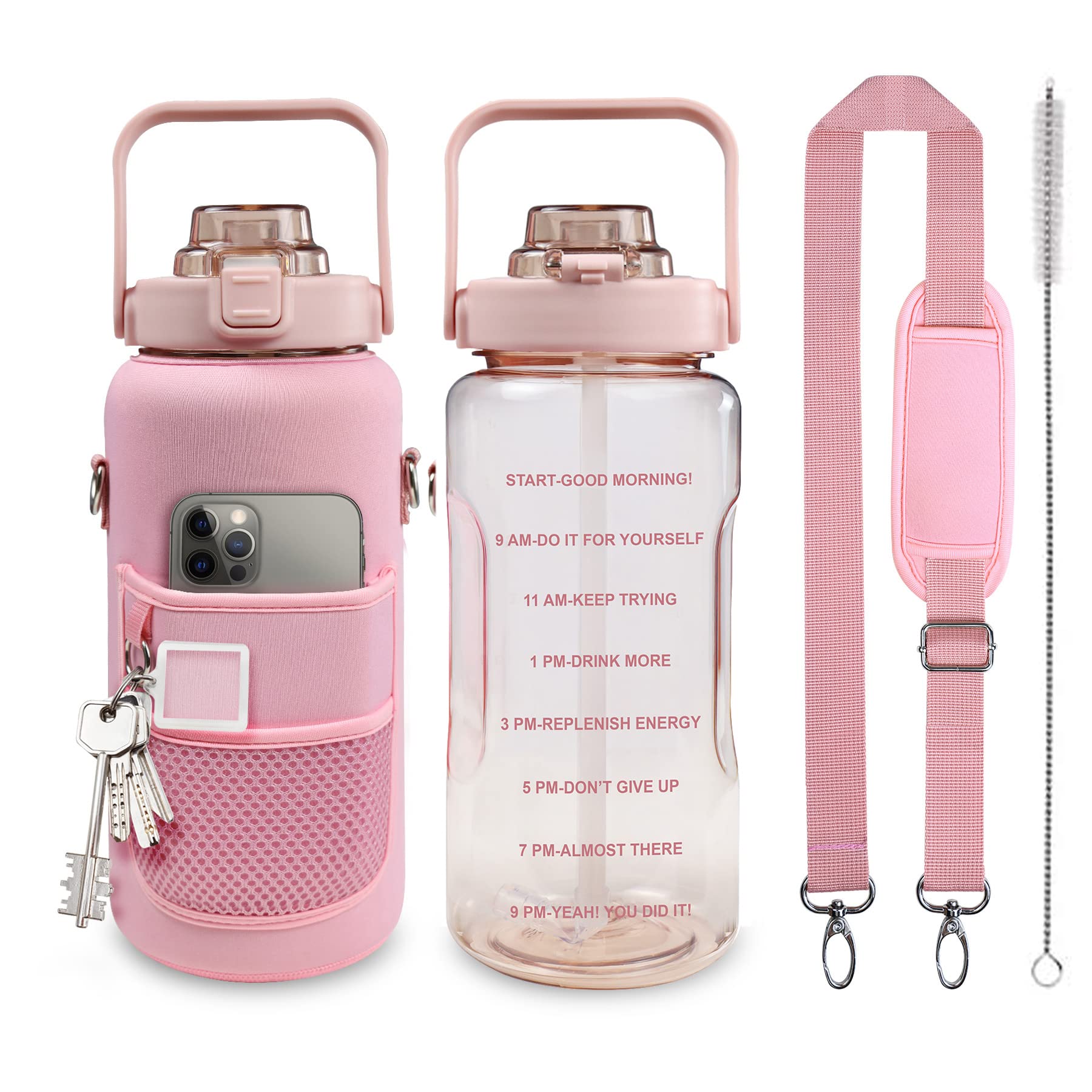 Half Gallon Water Bottle with Sleeve, 64OZ Motivational Water Bottle