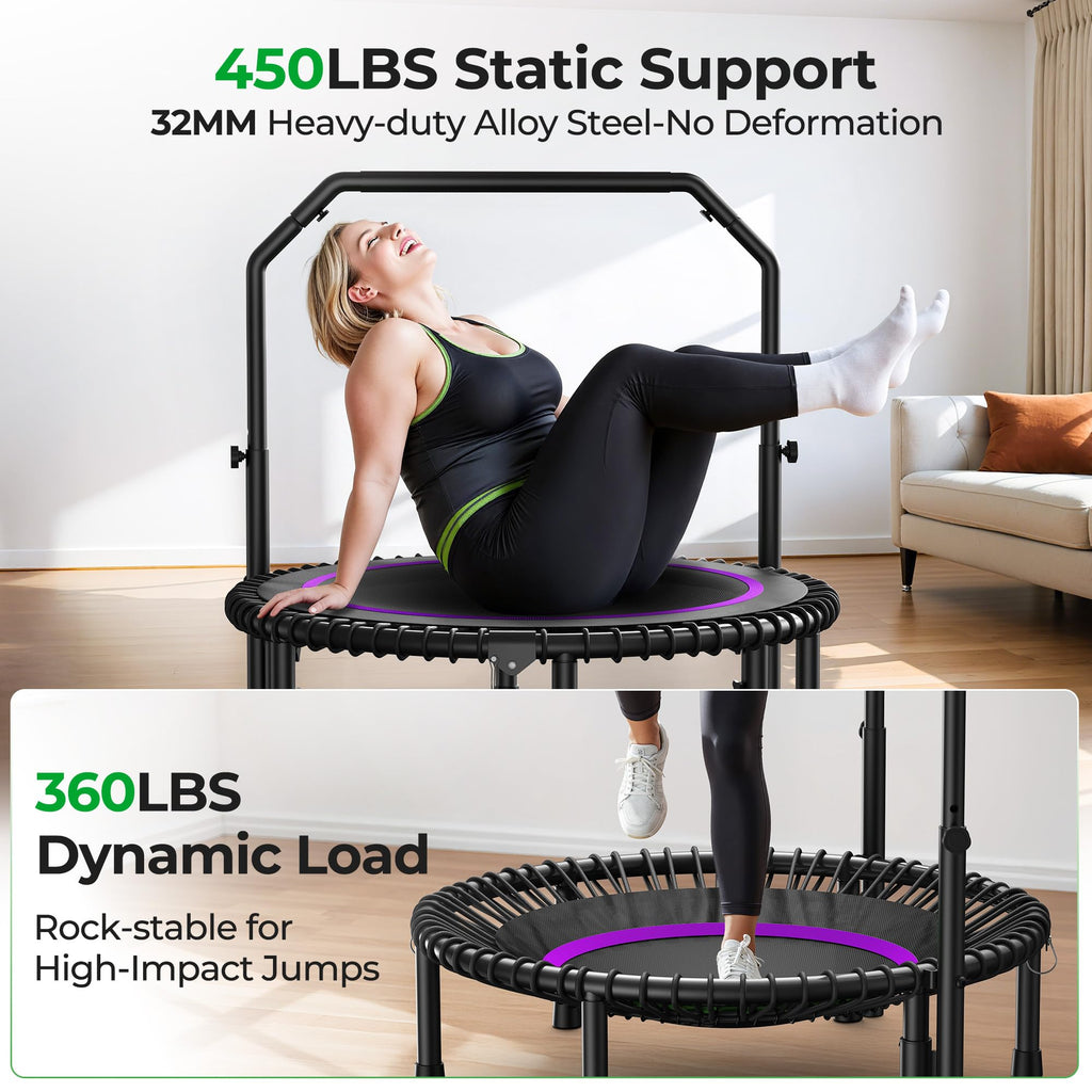 Mini Rebounder Trampoline for Adults with Bar, Fitness Trampoline with Bungees, Adjustable Handle