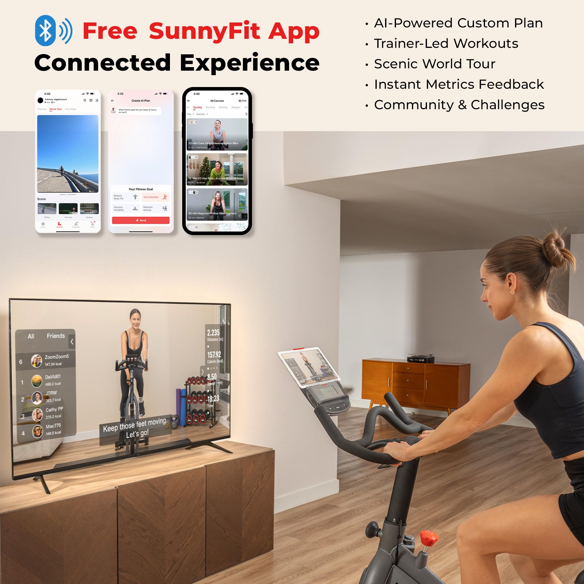 Fitness Smart Magnetic Indoor Cycling Bike, Stationary Exercise Cardio Equipment, Free SunnyFit Training App