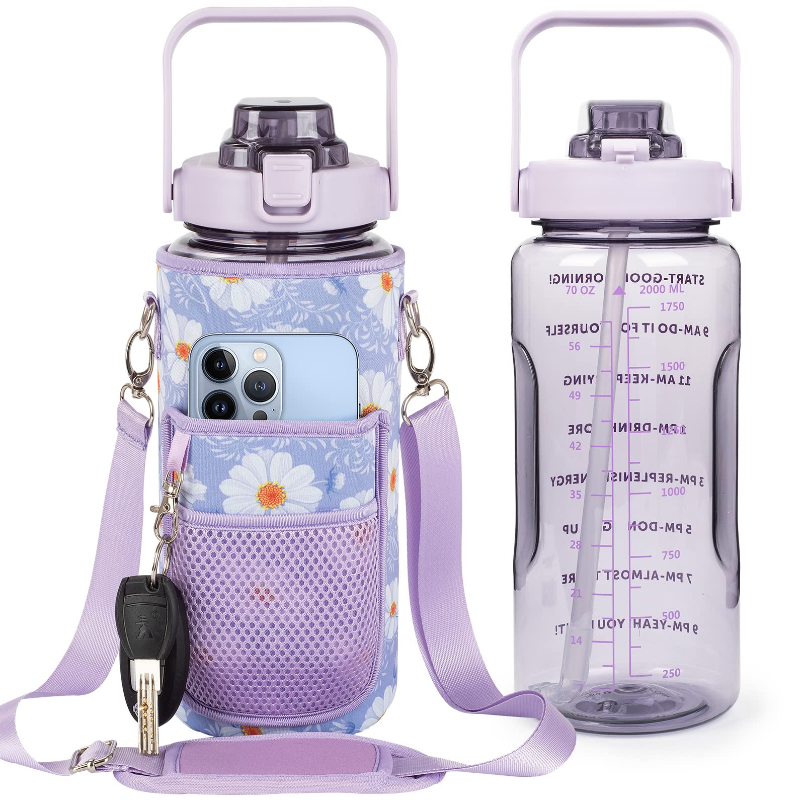 Half Gallon Water Bottle with Sleeve, 64OZ Motivational Water Bottle