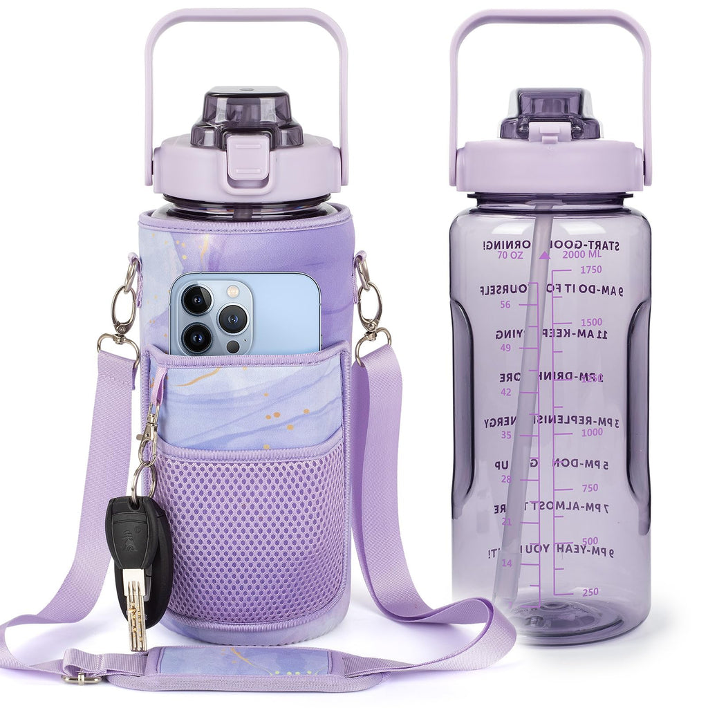 Half Gallon Water Bottle with Sleeve, 64OZ Motivational Water Bottle