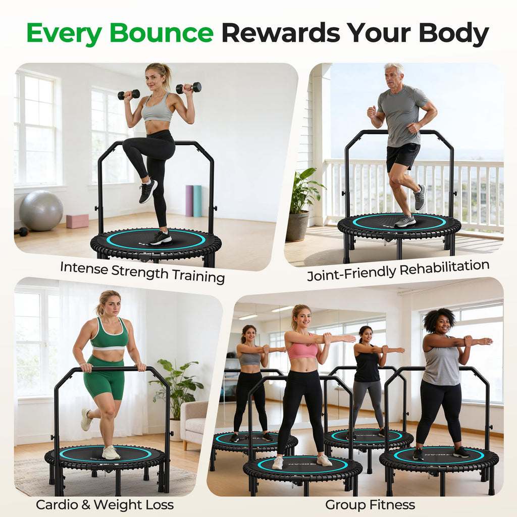 Mini Rebounder Trampoline for Adults with Bar, Fitness Trampoline with Bungees, Adjustable Handle