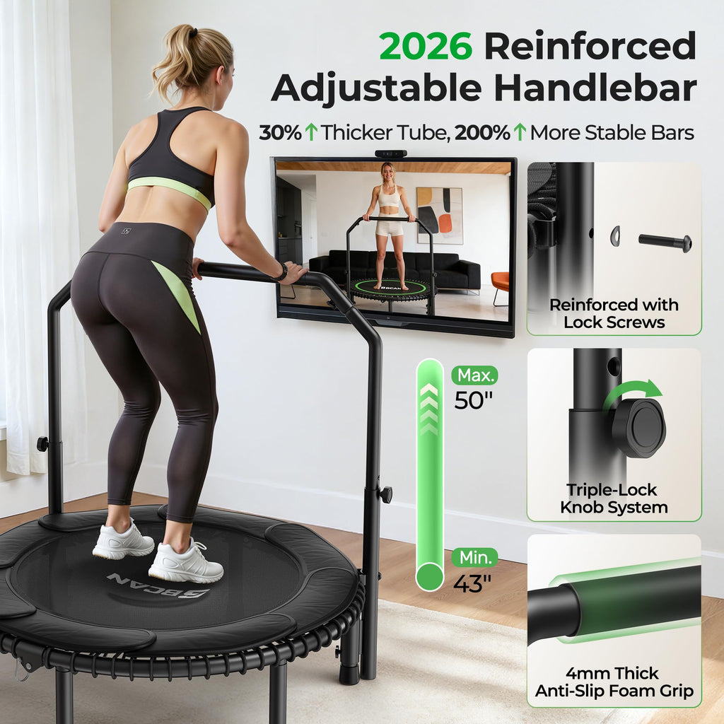 Mini Rebounder Trampoline for Adults with Bar, Fitness Trampoline with Bungees, Adjustable Handle