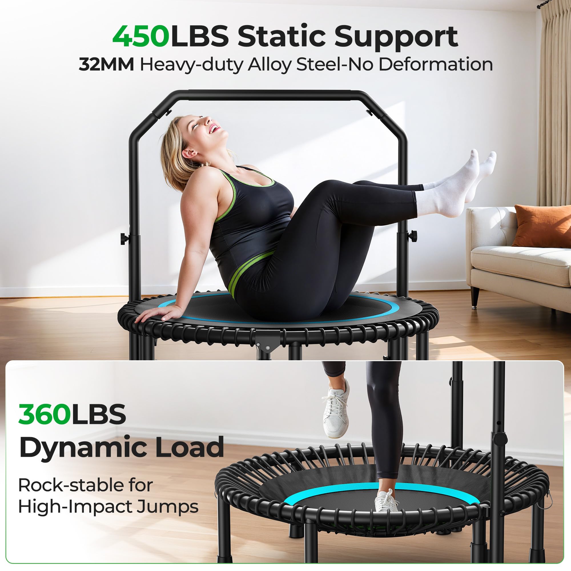 Mini Rebounder Trampoline for Adults with Bar, Fitness Trampoline with Bungees, Adjustable Handle