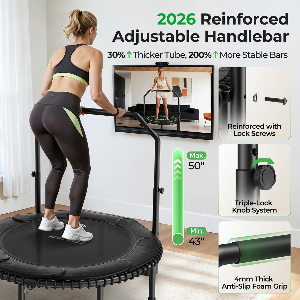 Mini Rebounder Trampoline for Adults with Bar, Fitness Trampoline with Bungees, Adjustable Handle