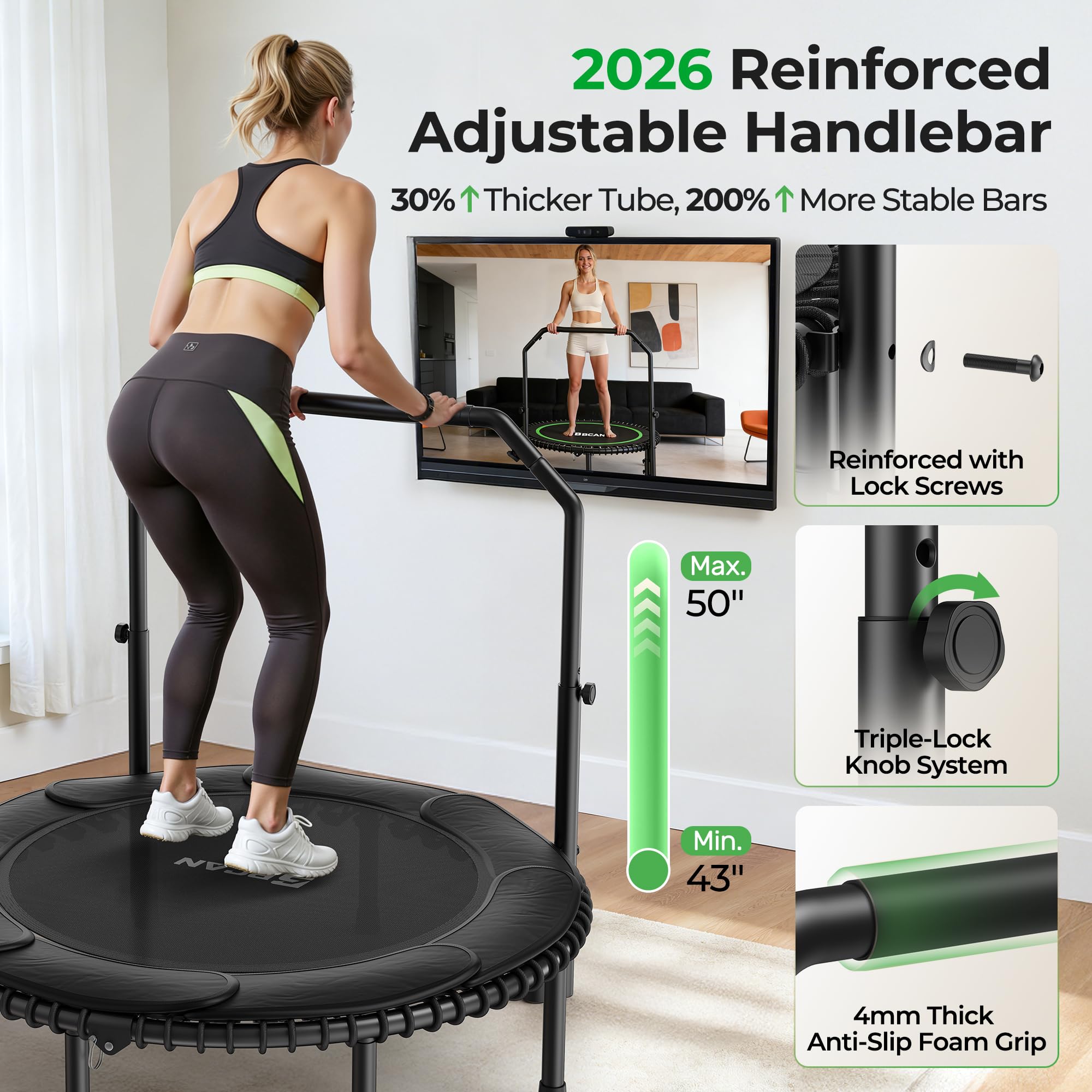 Mini Rebounder Trampoline for Adults with Bar, Fitness Trampoline with Bungees, Adjustable Handle