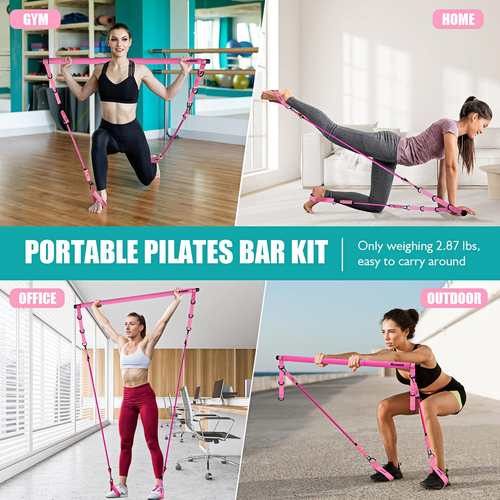 Pilates Bar Kit with Resistance Bands, Pilates Workout Equipment, Adjustable 3-Section Pilates Bar Kit for Women & Men
