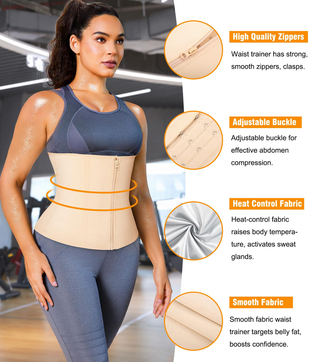 Womens Waist Trainer Corset with Zipper Sweat Waist Trimmer for Women