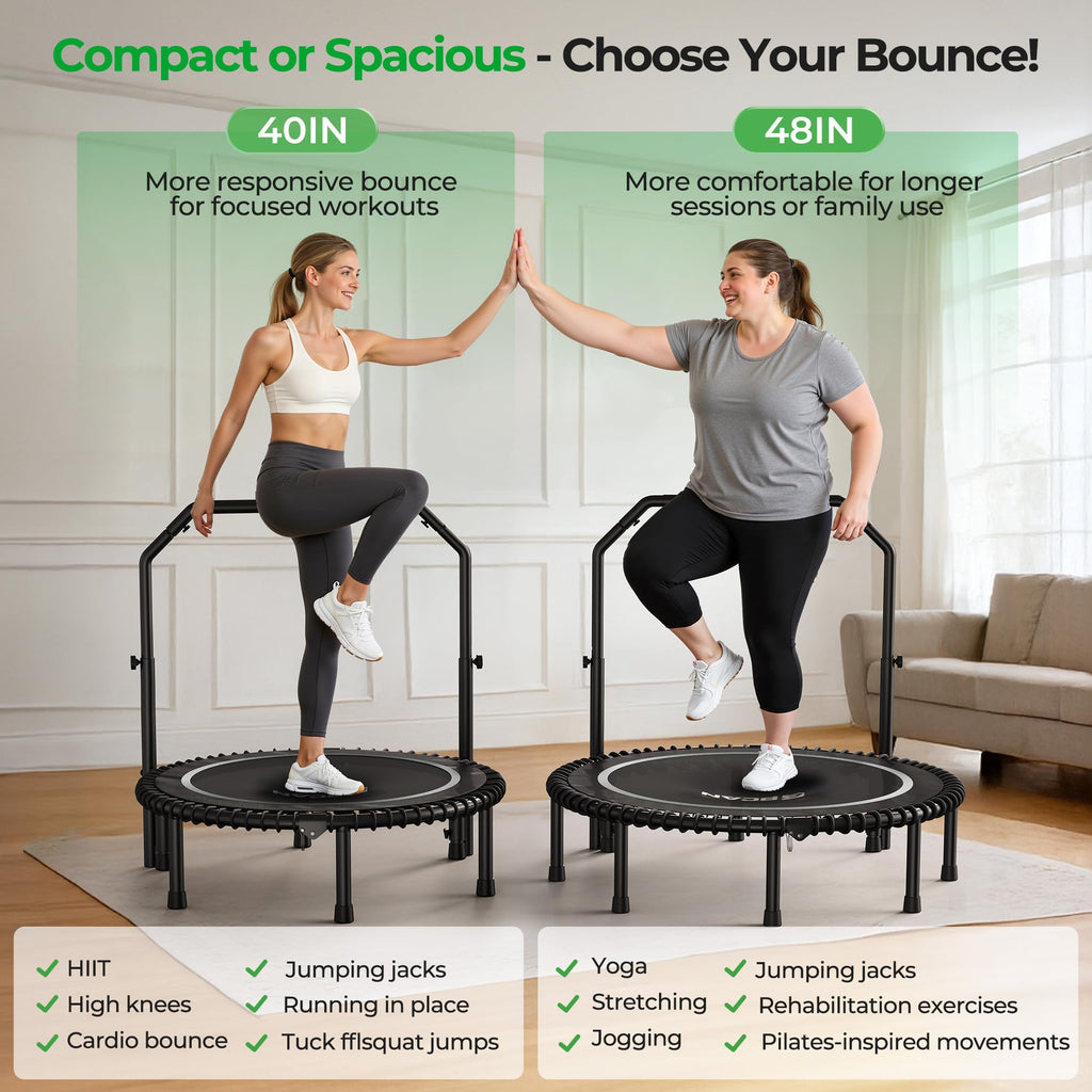 Mini Rebounder Trampoline for Adults with Bar, Fitness Trampoline with Bungees, Adjustable Handle