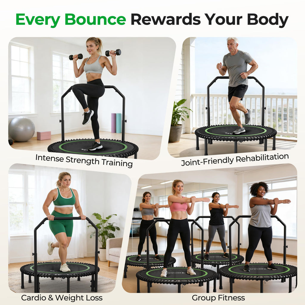 Mini Rebounder Trampoline for Adults with Bar, Fitness Trampoline with Bungees, Adjustable Handle