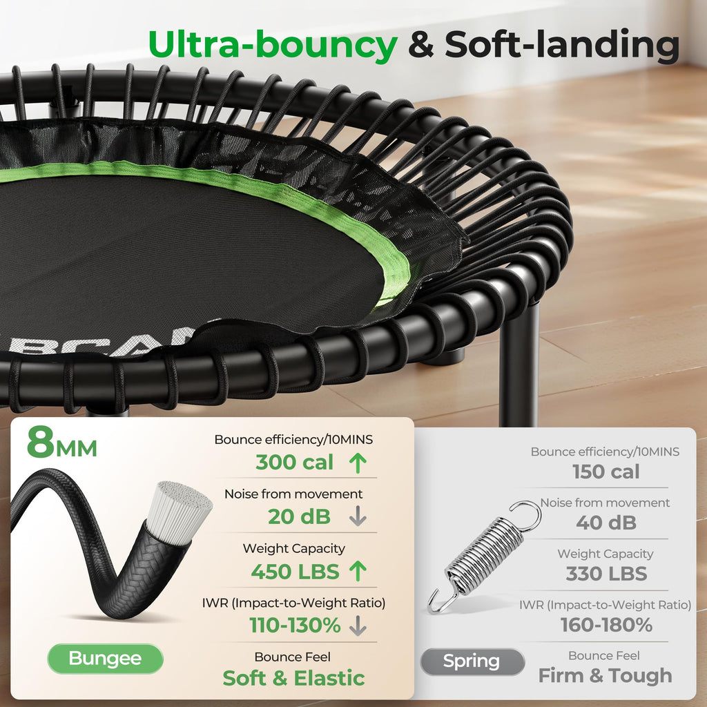 Mini Rebounder Trampoline for Adults with Bar, Fitness Trampoline with Bungees, Adjustable Handle