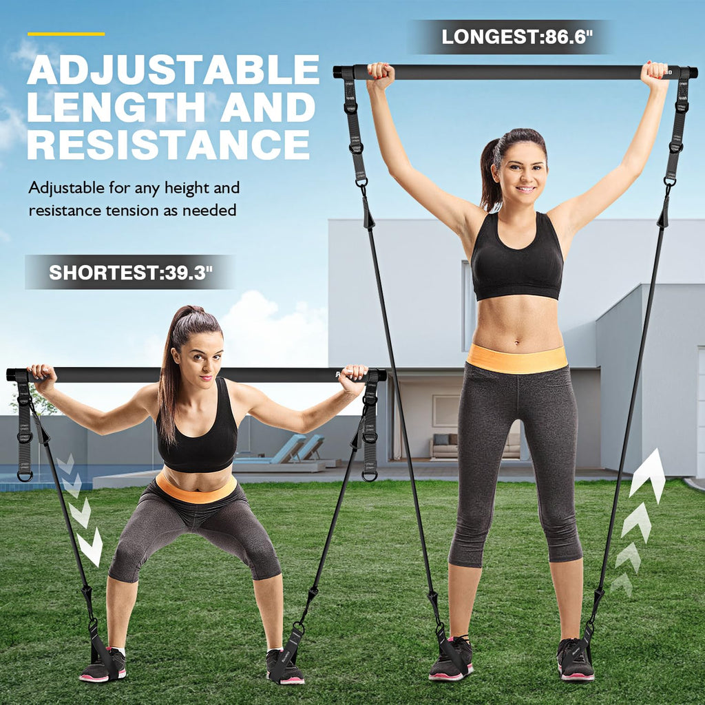 Pilates Bar Kit with Resistance Bands, Pilates Workout Equipment, Adjustable 3-Section Pilates Bar Kit for Women & Men