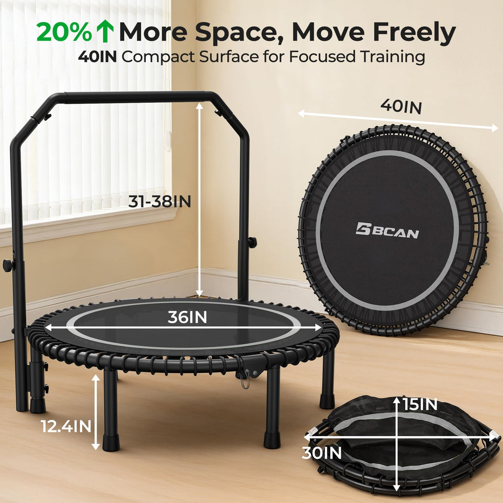 Mini Rebounder Trampoline for Adults with Bar, Fitness Trampoline with Bungees, Adjustable Handle
