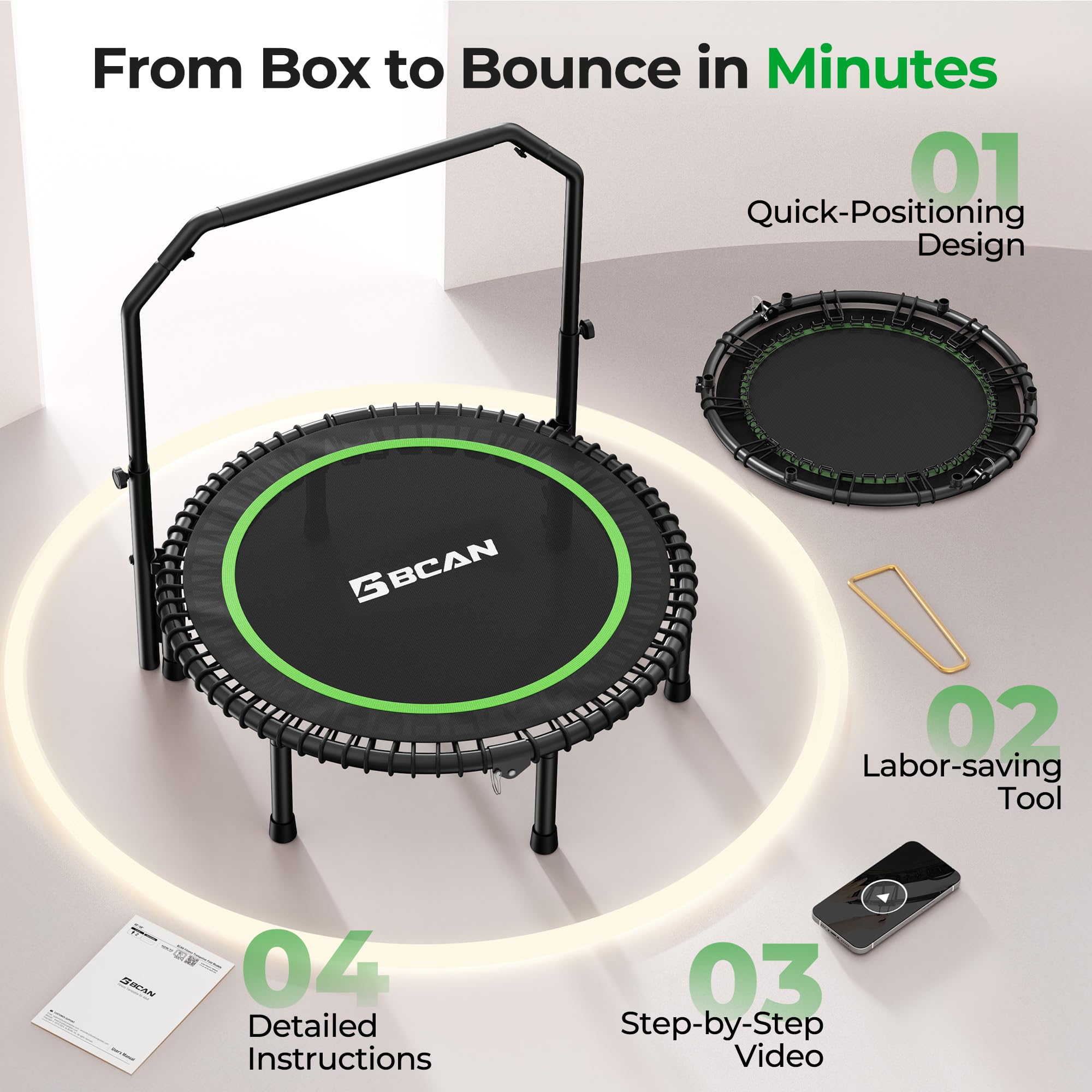 Mini Rebounder Trampoline for Adults with Bar, Fitness Trampoline with Bungees, Adjustable Handle