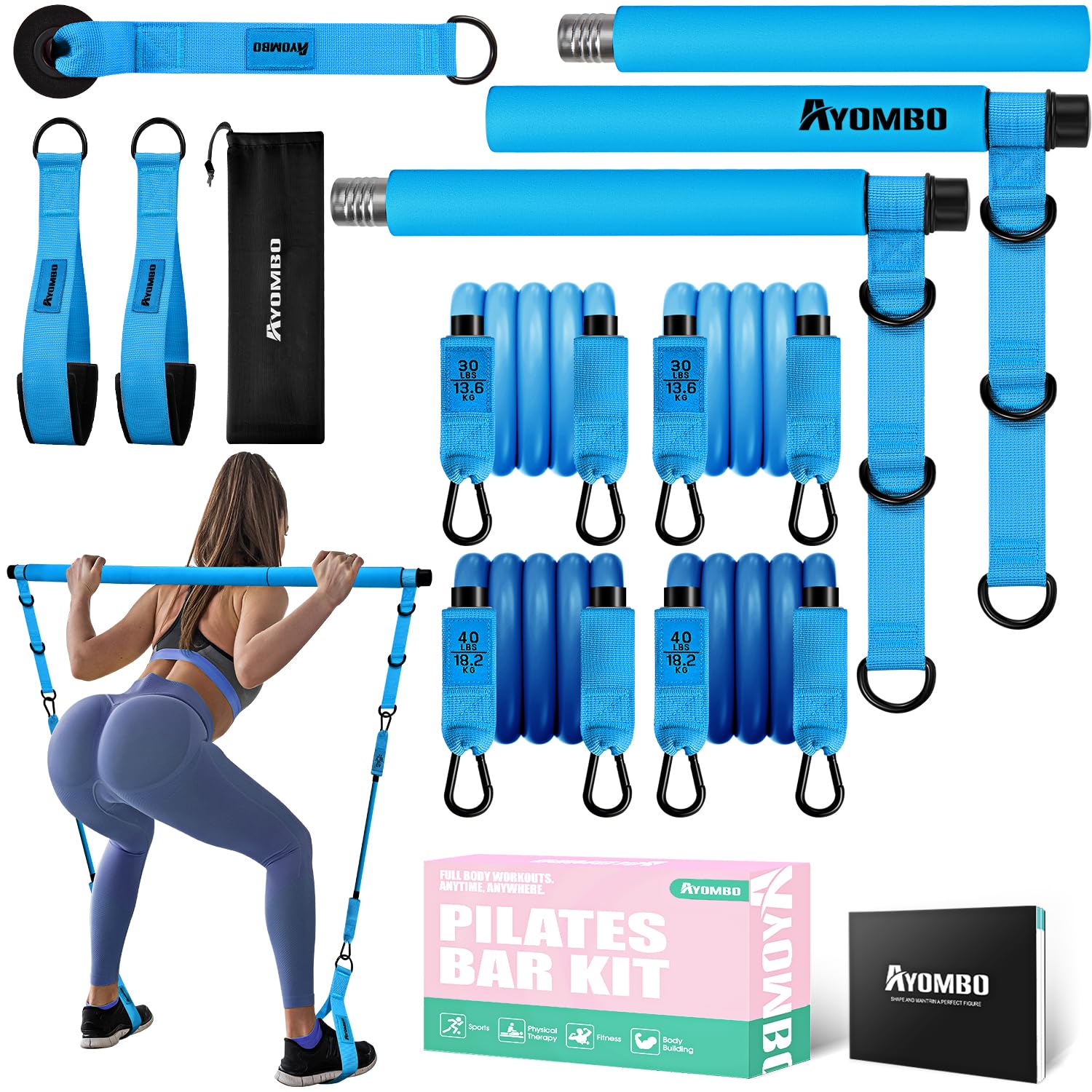 Pilates Bar Kit with Resistance Bands, Pilates Workout Equipment, Adjustable 3-Section Pilates Bar Kit for Women & Men