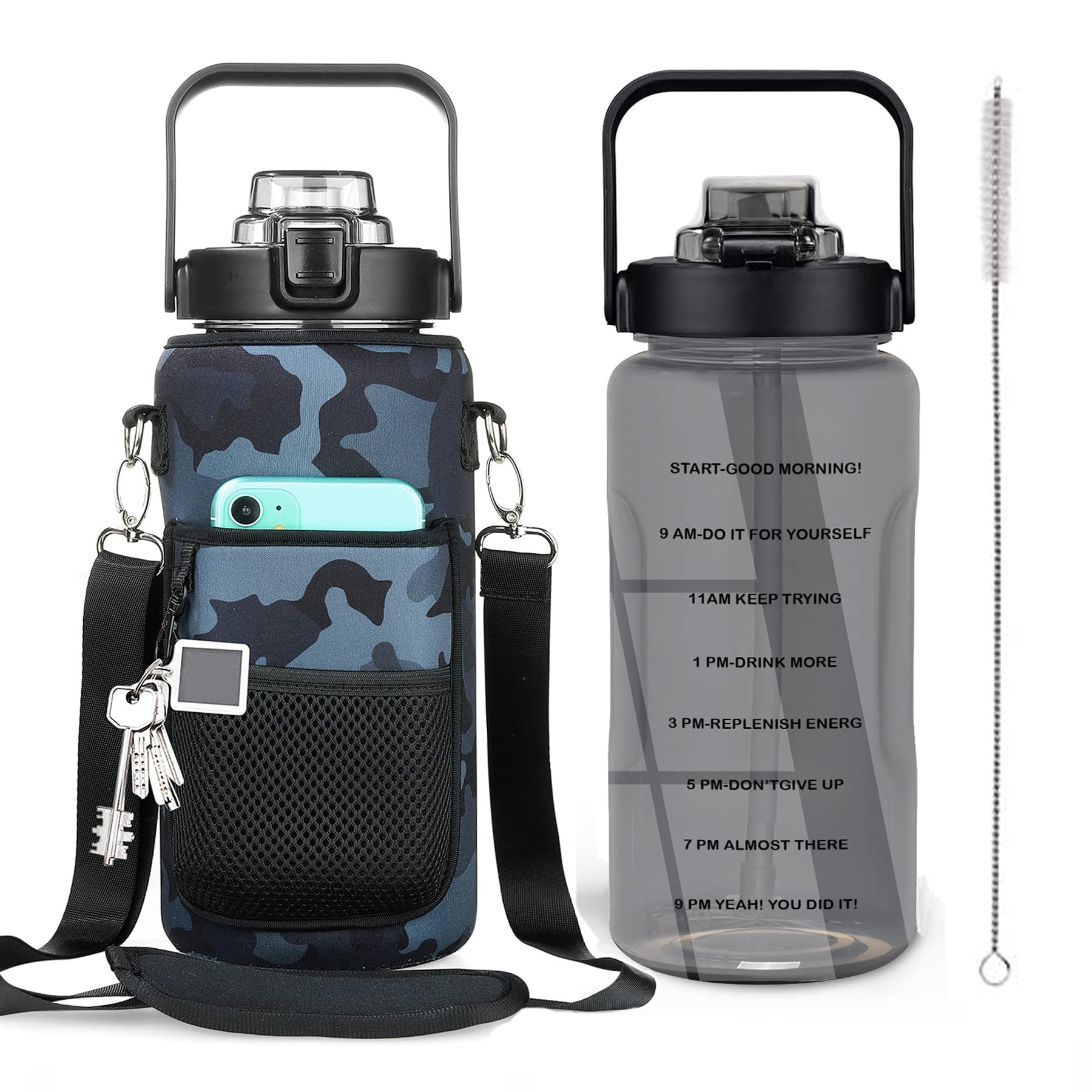 Half Gallon Water Bottle with Sleeve, 64OZ Motivational Water Bottle