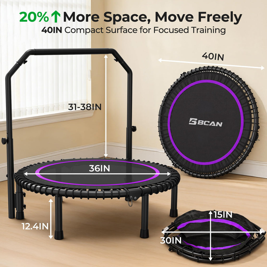 Mini Rebounder Trampoline for Adults with Bar, Fitness Trampoline with Bungees, Adjustable Handle