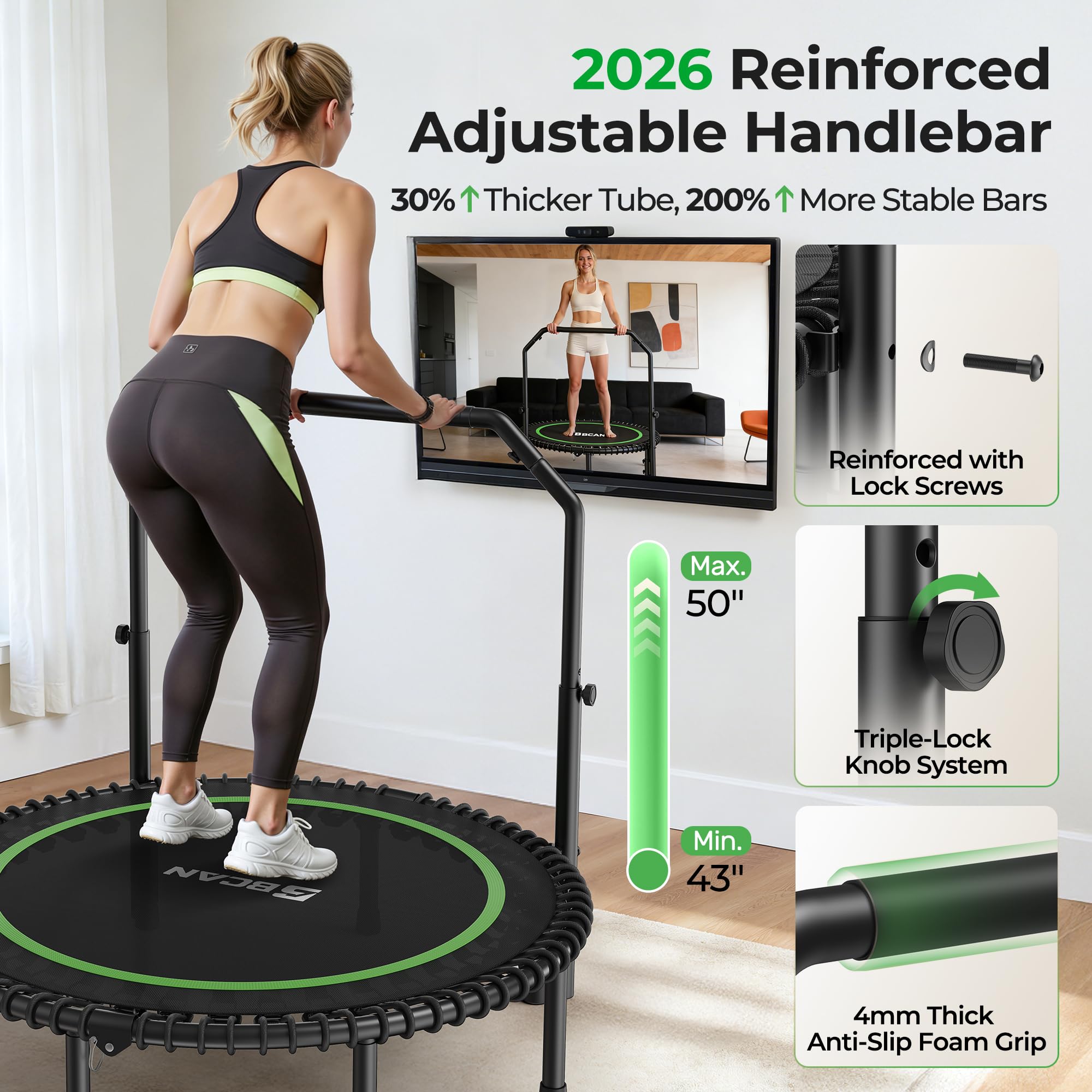 Mini Rebounder Trampoline for Adults with Bar, Fitness Trampoline with Bungees, Adjustable Handle