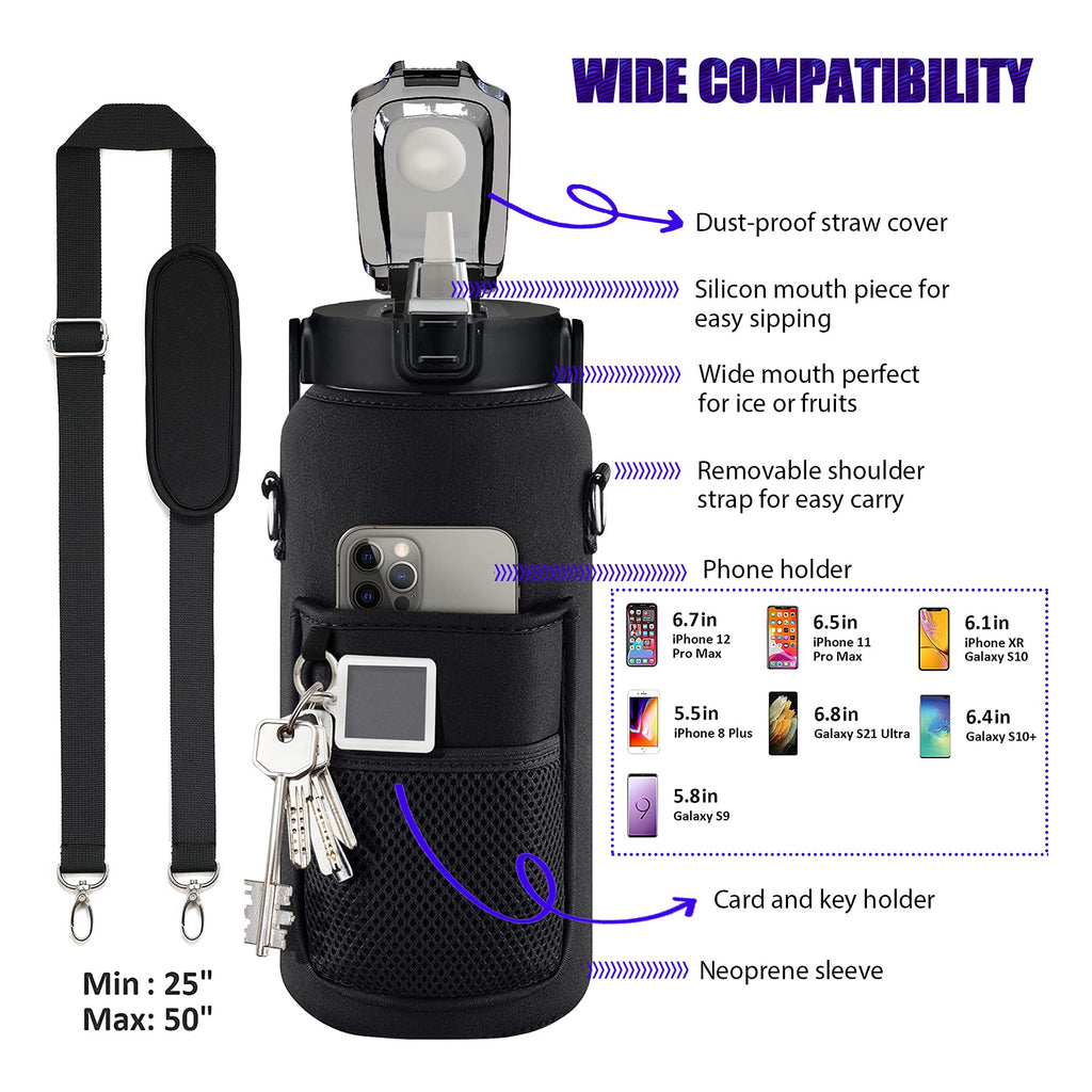 Half Gallon Water Bottle with Sleeve, 64OZ Motivational Water Bottle