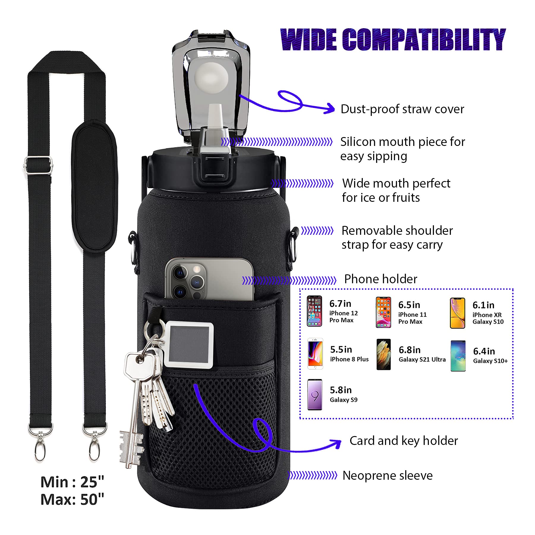 Half Gallon Water Bottle with Sleeve, 64OZ Motivational Water Bottle