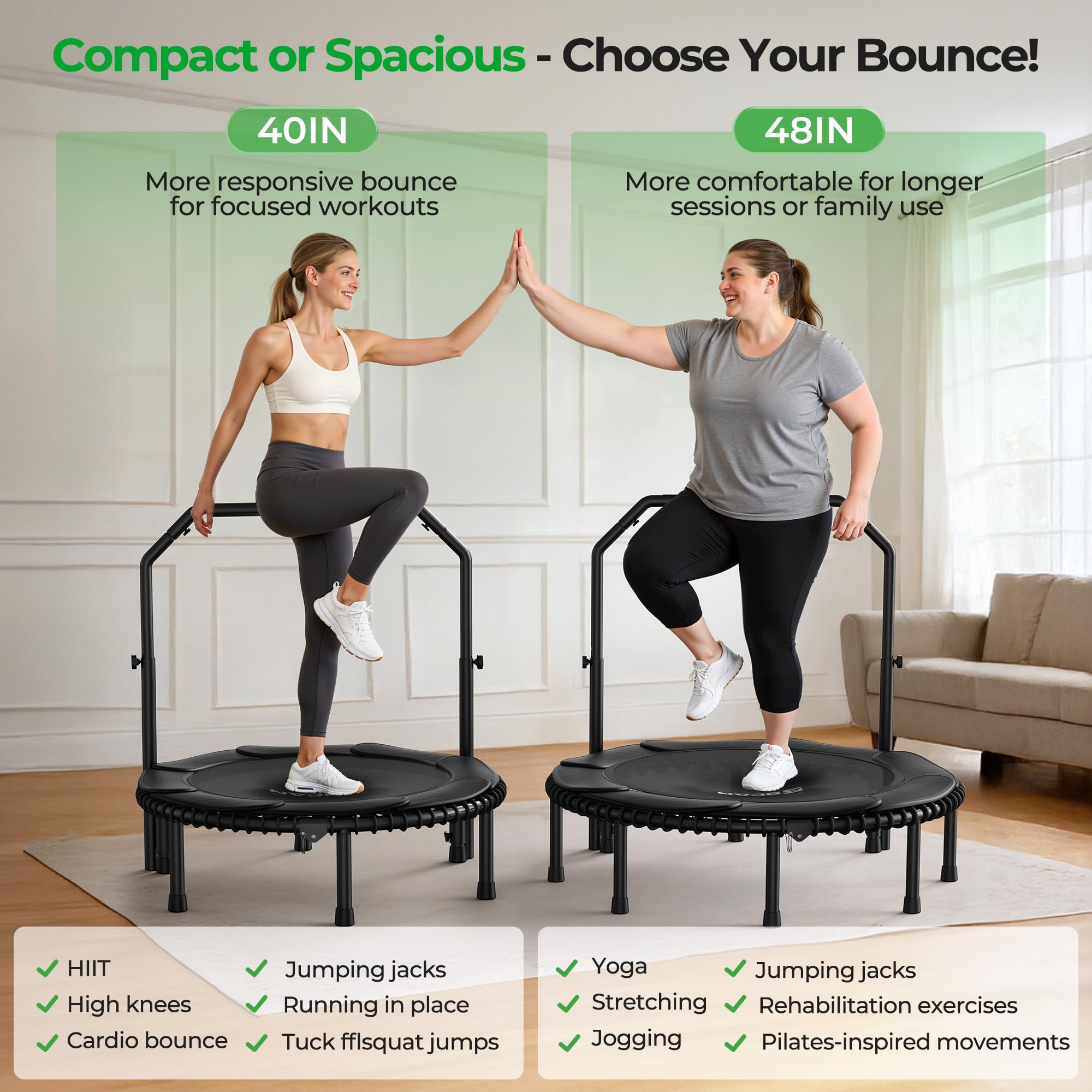 Mini Rebounder Trampoline for Adults with Bar, Fitness Trampoline with Bungees, Adjustable Handle