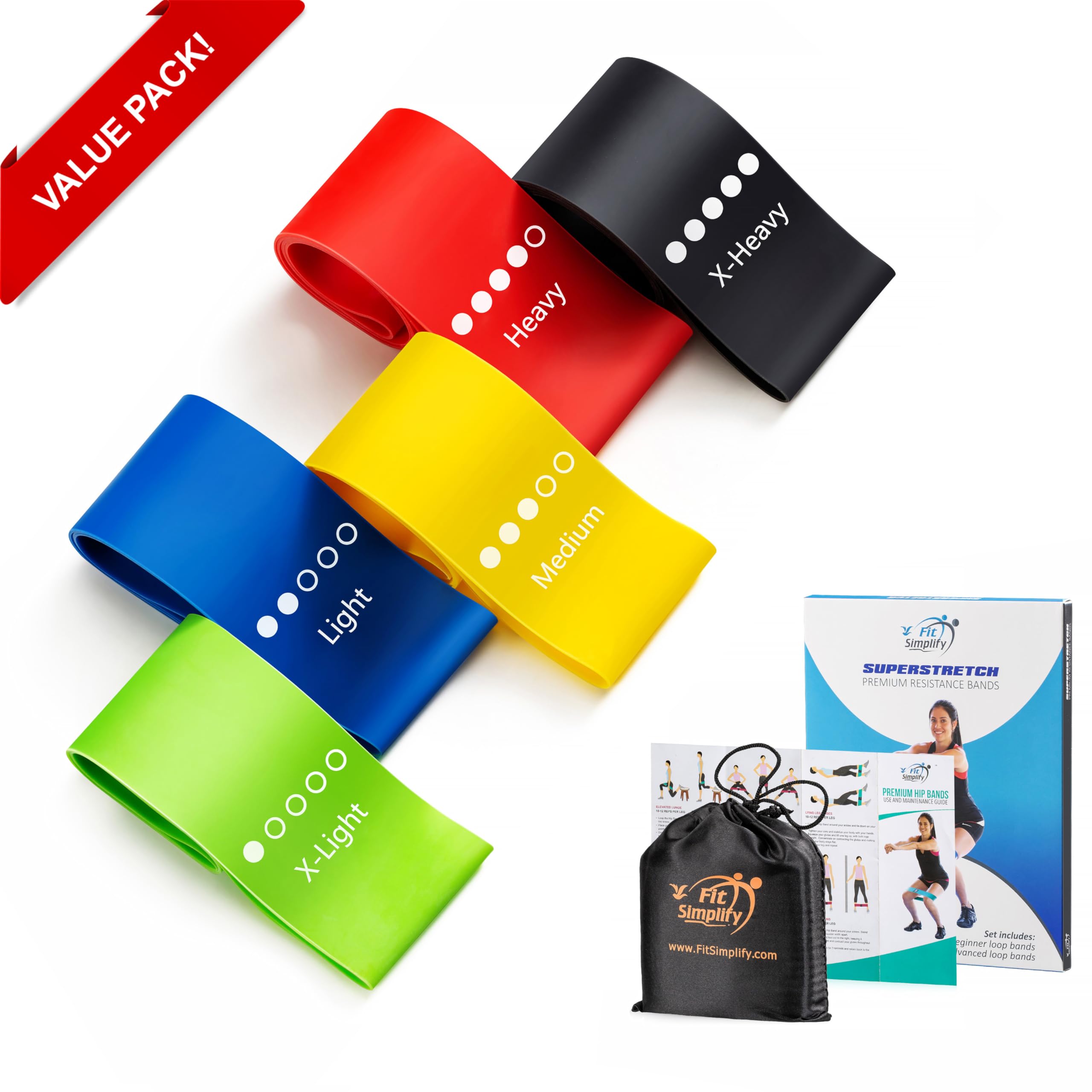 Resistance Loop Exercise Bands with Instruction Guide and Carry Bag, Set of 5