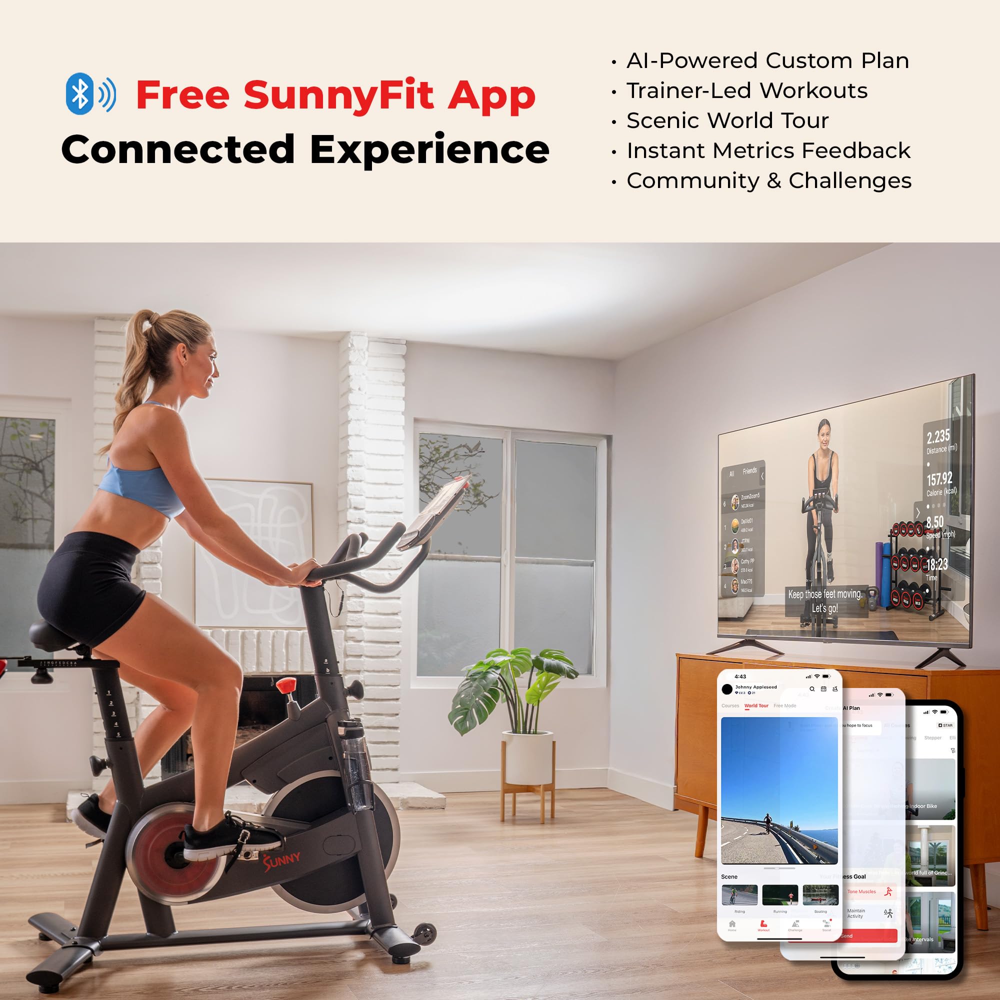 Fitness Smart Magnetic Indoor Cycling Bike, Stationary Exercise Cardio Equipment, Free SunnyFit Training App