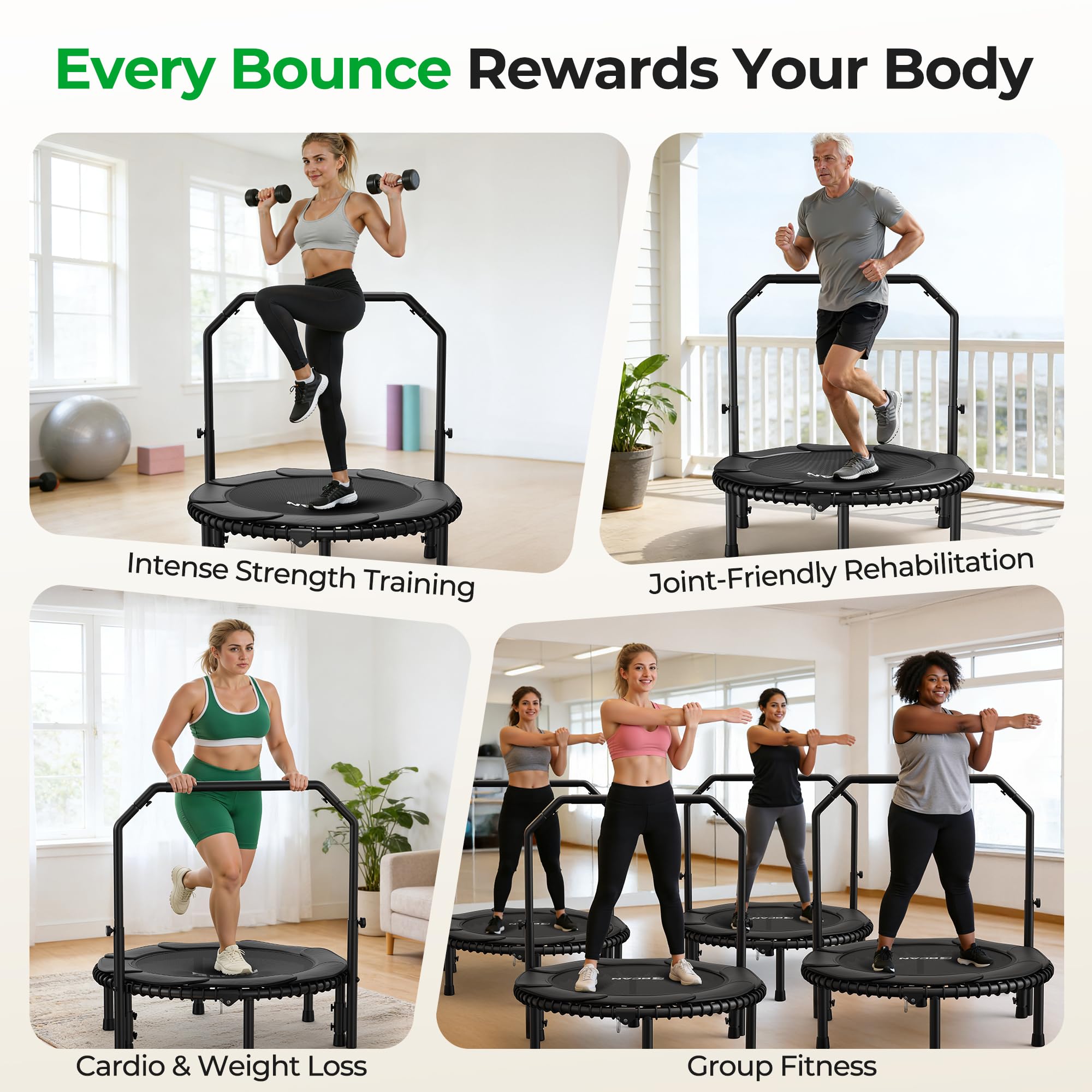 Mini Rebounder Trampoline for Adults with Bar, Fitness Trampoline with Bungees, Adjustable Handle
