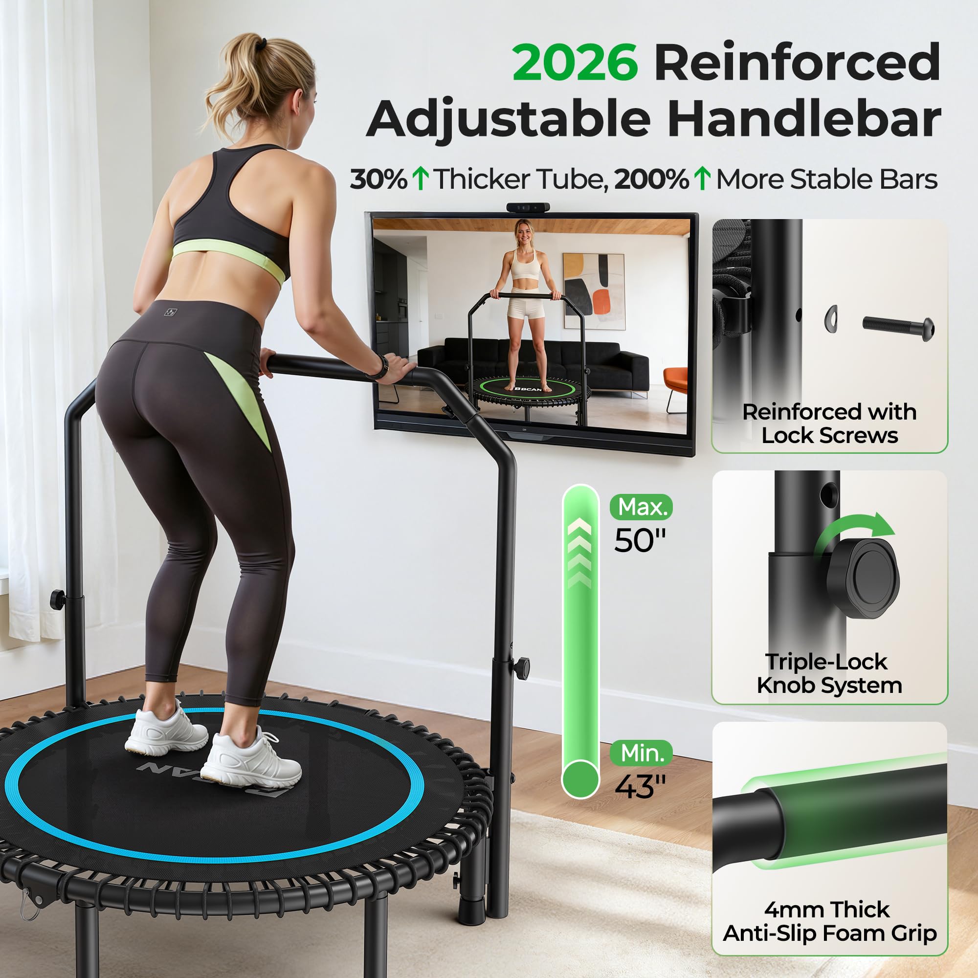 Mini Rebounder Trampoline for Adults with Bar, Fitness Trampoline with Bungees, Adjustable Handle