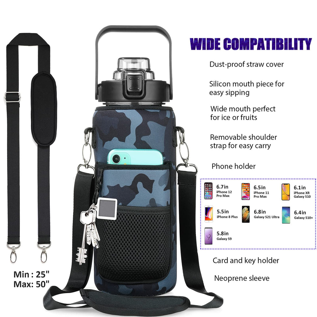 Half Gallon Water Bottle with Sleeve, 64OZ Motivational Water Bottle