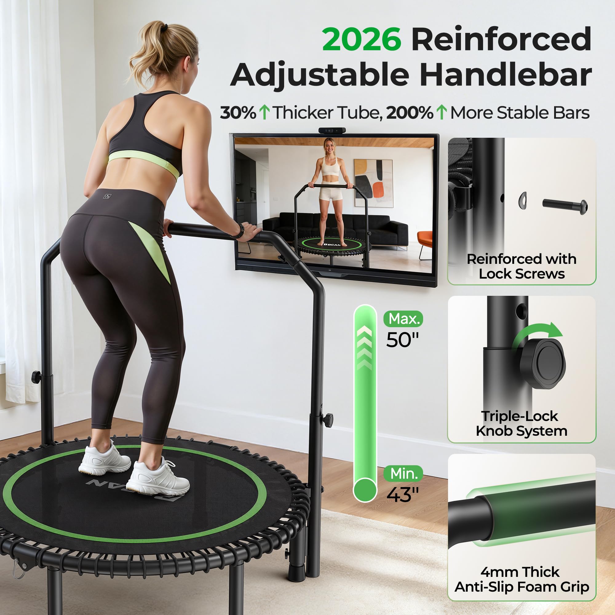 Mini Rebounder Trampoline for Adults with Bar, Fitness Trampoline with Bungees, Adjustable Handle
