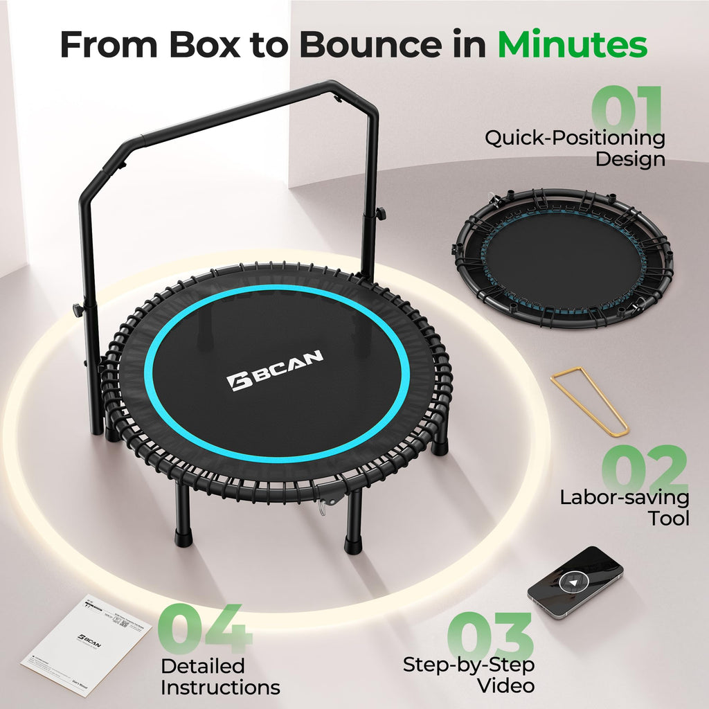 Mini Rebounder Trampoline for Adults with Bar, Fitness Trampoline with Bungees, Adjustable Handle