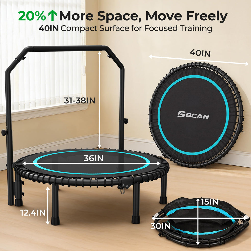 Mini Rebounder Trampoline for Adults with Bar, Fitness Trampoline with Bungees, Adjustable Handle