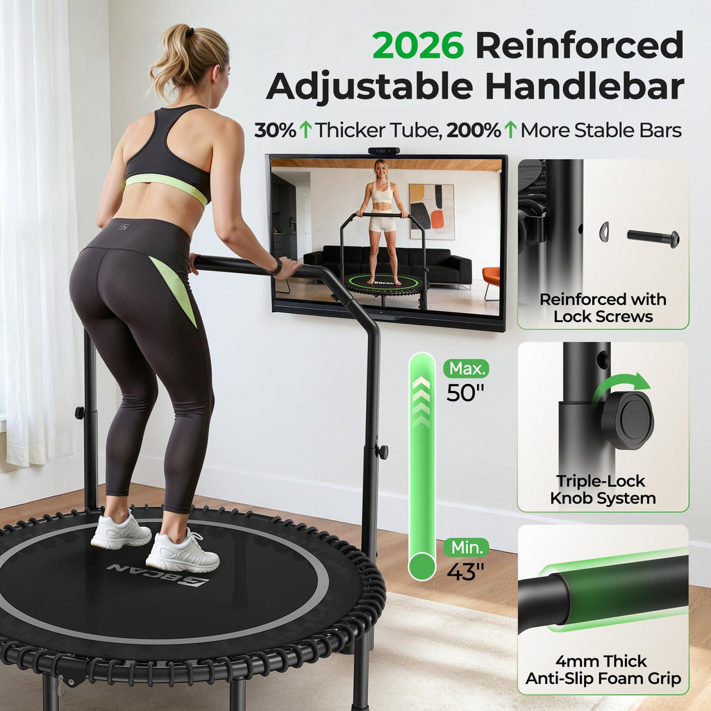 Mini Rebounder Trampoline for Adults with Bar, Fitness Trampoline with Bungees, Adjustable Handle