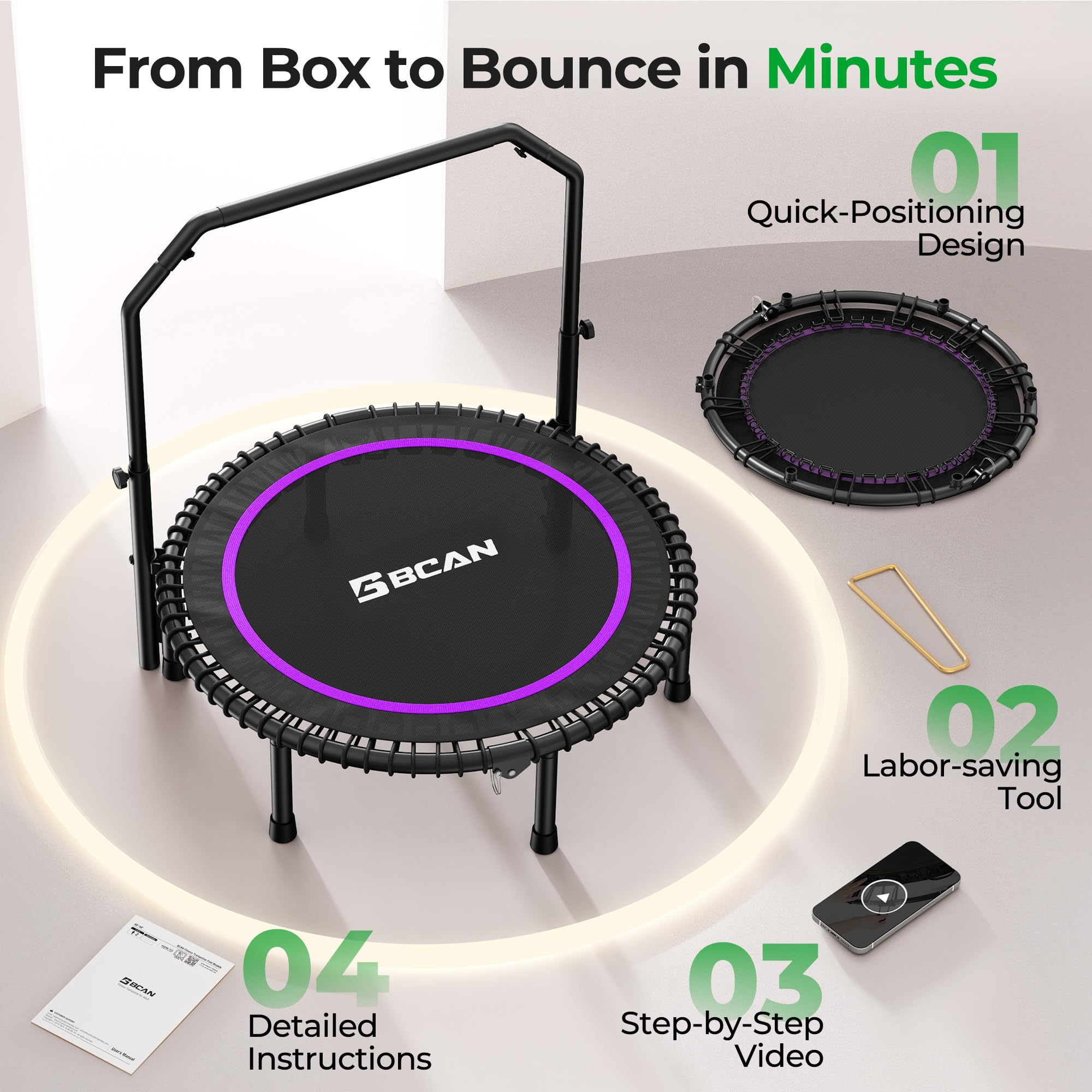 Mini Rebounder Trampoline for Adults with Bar, Fitness Trampoline with Bungees, Adjustable Handle