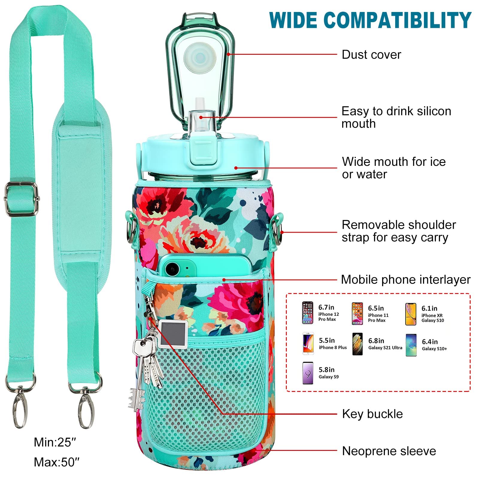 Half Gallon Water Bottle with Sleeve, 64OZ Motivational Water Bottle