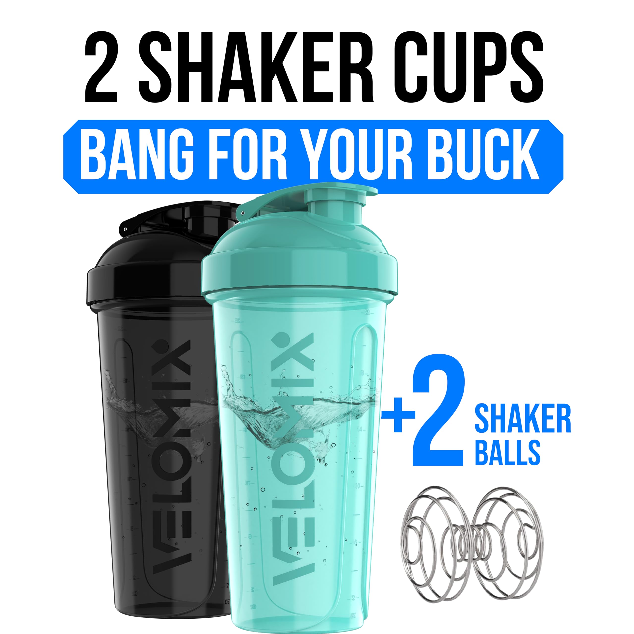 2 Pack- 28 oz Protein Shaker Bottles for Protein Mixes - 2x Wire Whisk | Leak Proof Shaker Cups for Protein Shakes